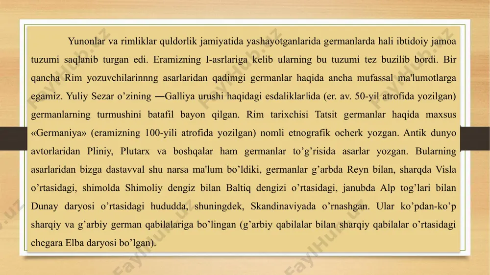 ng bu qarorini yoqlamagan, ammo ular o`z qirollaridan qo`rqqanlar. rimliklar bu ishdan, ya`ni xlodvigning xristianlikni qabul qilishidan xursand bo`lganlar. ulardan biri “sizning yangi dininggiz, bu bizning g’alabamiz!” – deb bejiz yozmagan edi. franklar qiroli xlodvigning xristian dinini qabul qilishi “sali haqiqati”. franklarning ijtimoiy tuzumi, urf – odat marosimlarini aks etishi “sali haqiqati” yoki “sali qonuni” v-vi asrlarda galliya hududida g’arbiy yevropadagi eng yirik varvarlar qirolligini tashkil qilgan va franklarning asosiy qabilasi hisoblangan salilarning qadimgi huquqlari, odatlari va qirolning sud qonunlarini ifodalovchi hujjatdir. “sali haqiqati” qirol hokimiyatining topshirig’i bilan yozilgan. hokimiyat hali urug’chilik tuzumi davrida vujudga kelgan odatlarni yo`qotishga qodir emas edi, lekin u qonunda kuchayib borayotgan frank zodagonlarining talablarini ifodalovchi yangi huquqiy normalarni kiritadi. “sali haqiqati” franklarning v asrning oxirlaridagi xo`jaligini – dehqonchilik tartibini, franklar o`rtasidagi ijtimoiy tabaqalarni, franklarda qirol hokimiyatining qanchalik kuch-qudratga ega bo`lganligini ancha mukammal ifodalaydi. “sali haqiqati”ga asoslanib franklarning asosiy mashg’uloti dehqonchilik bo`lgan, degan xulosaga kelish mumkin. …