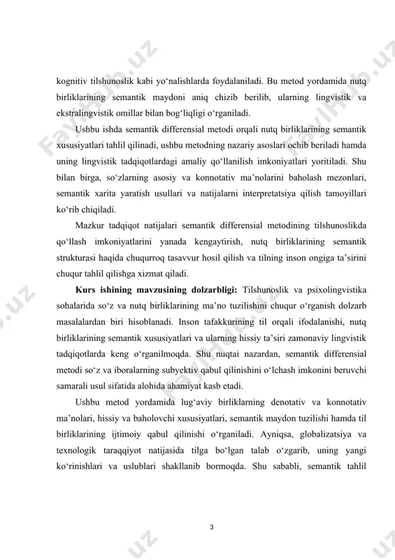 oslik bilan birga psixologiya, sotsiolingvistika va kognitiv fanlar bilan ham bog‘liq bo‘lib, so‘zlarning inson ongida qabul qilinish mexanizmlarini tushunishga yordam beradi. nutq birliklarining hissiy va baholovchi komponentlarini o‘rganish – zamonaviy kommunikatsiyada so‘zlarning faqatgina leksik ma’nosi emas, balki ularning ijtimoiy va emotsional qabul qilinishi ham katta ahamiyatga ega. semantik xaritalar va statistik tahlil orqali aniq natijalarga erishish – sd metodi subyektiv semantikani obyektiv miqdoriy ko‘rsatkichlar bilan baholash imkonini beradi. amaliy qo‘llanilish imkoniyatlari – bu metod tilshunoslikdan tashqari reklama, brend tahlili, nutq psixologiyasi, siyosiy tilshunoslik va tarjimashunoslik sohalarida ham qo‘llaniladi. shu sababli, semantik differensial metodi bo‘yicha nutq birliklari semantikasini o‘rganish mavzusi bugungi tilshunoslikda dolzarb bo‘lib, u tilning dinamik rivojlanish qonuniyatlarini tushunish va turli kontekstlarda so‘zlarning semantik o‘zgarishlarini aniqlash uchun muhim ahamiyat kasb etadi. kurs ishining maqsadi ushbu kurs ishining maqsadi semantik differensial metodi yordamida nutq birliklarining semantik xususiyatlarini tahlil qilish, ularning hissiy, baholovchi va semantik komponentlarini aniqlash hamda tilshunoslikdagi qo‘llanilish imkoniyatlarini o‘rganishdan …