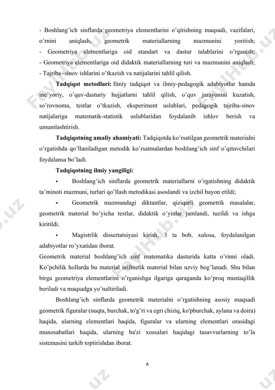 dalanilgan adabiyotlar ro’yxatidan iborat. geometrik material boshlang’ich sinf matematika dasturida katta o’rinni oladi. ko’pchilik hollarda bu material arifmetik material bilan uzviy bog’lanadi. shu bilan birga geometriya elementlarini o’rganishga ilgariga qaraganda ko’proq mustaqillik beriladi va maqsadga yo’naltiriladi. boshlang’ich sinflarda geometrik materialni o’rgatishning asosiy maqsadi geometrik figuralar (nuqta, burchak, to'g’ri va egri chiziq, ko'pburchak, aylana va doira) haqida, ularning elementlari haqida, figuralar va ularning elementlari orasidagi munosabatlari haqida, ularning ba'zi xossalari haqidagi tasavvurlarning to’la sistemasini tarkib toptirishdan iborat. bunda o’quvchilarda nuqta, to'g’ri chiziq, tog’ri chiziq kesmasi, siniq chiziq kesmasi, siniq chiziq, burchak, ko'pburchak, doira kabi figuralar to’g’risidagi boshlang’ich tushunchalar va tasavvurlarni puxta shakllantiriladi. geometrik mazmunli masalalar va mashqlar tizimi hamda ular ustida ishlash metodikasi bolalarda fazoviy tasavvurlarni shakllantirish, taqqoslash, abstraktlash va umumlashtirish uquvlarini rivojlantirishga yordam berishi lozim. o’qitishning asosiy vazifalaridan biri o’quvchilarda geometrik figuralarni o’lchov va chizma asboblari yordamida va bu asboblarning yordamisiz o’lchash va yasashlarning amaliy malakalarini (ko’zda chamalash, qo'lda chizish …