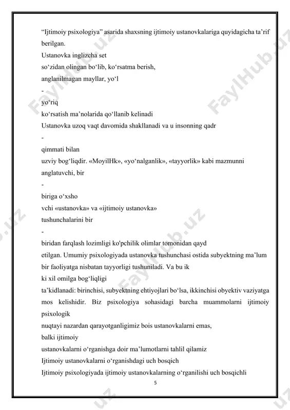 sotsiologlar u. tomas va f. znanetskiylarning yuqorida qayd etilgan asari bilan bog‘liq, deb hisoblaniladi. asarda amerikaga muhojir bo‘lib borgan polshalik dehqonlarning psixologiyasi va xulq - atvoridagi o‘zgarishlar jamiyatda yuz berayotgan voqea - hodisalarga nisbatan ularning munosabatiga bog‘liq ekanligiga oid mulohazalar berilgan edi. aynan mana shunday munosabatlar ijtimoiy ustanovkalar deb nomlandi. 1935 - yilga kelib faqat amerika adabiyotlarining o‘zidagina ijtimoiy ustanovka larning 20 ga yaqin ta’riflari vujudga kelgan edi. ijtimoiy ustanovkalarni o‘rganishga yo'naltirilgan tadqiqotlar, ilmiy izlanishlar birinchi jahon urushi yillarida ham jadallik bilan rivojlandi. chunki, «psixologik urush», ya’ni dushman tomonidagilarga ps ixologik ta’sir ko‘rsatish uchun olib boriladigan targ‘ibot va tashviqot ishlari aynan ijtimoiy ustanovka va uni o‘zgartirish bilan bog‘liq edi. bunda dushmanga nisbatan qarama84 qarshi tomondan ko'rsatilayotgan psixologik ta’sirlar dushmanning ijtimoiy us tanovkalarini boshqacha yo‘nalishda shakllantirish, takomillashtirish va o‘zgartirishga qaratilgan edi. demak, urush jarayonida insonning ijtimoiy ustanovkalaridan raqiblarni yengish maqsadida psixologik qurol sifatida foydalanilgan. hozirgi kunda ham terr oristik guruh a’zolari …