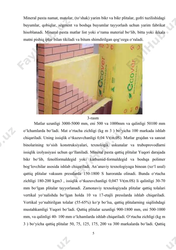 hligi,kg/m3 50-200 65-175 50-150 issiqliko‘tkazuvchanligi,vt/(moc)(25+5 oсda) 0,047- 0,045- 0,044 siqilishko‘rsatgichi,% 0,056 0,054 sintetik plitaningsiqilishdagimustahkamligiд175,д200, bog‘lovchili mpa. 0,6-1,0 mineralpaxta bog‘lovchimiqdori,%, 0,4-1,0 0,4-1,1 0,4-1,2 plitalari д75 3,0 - - д125 3,0-4,0 2,5 2,7 д175 5,0-7,0 5,1 - д200 7,0-8,0 - - zichlikkaqarab,plitalarmarkalargabo‘linadi:50,75,125,175,200,300. yarimqattiqplitalarningasosiyxususiyatlari2-jadvaldakeltirilgan. 2- jadval. material mustahkamligi, mpa siqiluvchanligi,% bog‘lovchimiqdori issiqliko‘tkazuvchanligi, vt/(moc)haroratlarda foydalanishharorati siqilishdagi cho‘zilishdagi 25 125 issiqlikizolyatsionsintetik bog‘lovchilimineralpaxta plitalari,гост9573-82 (стсэв1566-79), markalar: 50,75 — 0,008 — 3 0,047 0,077 400 125,175 — — 6…15 4…5 0,049…6,053 0,07…6,072 400 200,300 0,04…0,12 — — 7…8 0,056…6,06 — 100 yarim qattiq plitalar 300 oc gacha bo‘lgan tuzilmalar va uskunalar sirtlariniissiqlikizolatsiyasiuchuno‘rabishlatiladi,agarplitalarniishlabchiqarishjarayonidasintetikbog‘lovchilarishlatilganbo‘lsa.bitumlibog‘lovchilaryordamidatayyorlanganplitalarniesa60ocharoratgachabo‘lganyuzalarniqoplashdafoydalaniladi. 8-rasm ii.ishlab chiqarish usuli va texnologik sxemasinitanlash hozirgi vaqtda silikat eritmalarini tolaga uchun qayta ishlash usullarining birqanchaturlarima'lum.energiyatashuvchiningeritishmoslamasidanoqibchiqadiganeritmaoqimigata'siriprintsipigako‘ra,ularniuchtaasosiyusulgabo‘lishmumkin:puflash, markazdanqochmavakombinatsiyalashgan. puflashusuliyuqoritezlikda(400-800m/s)harakatlanuvchienergiyatashuvchisi(bug‘,issiqgazlar)oqiminingeritmagako‘rsatadiganta'sirigaasoslangan.energiyatashuvchisieritmaoqiminibo‘laglargabo‘ladivahosilbo‘lganeritmaoqimta’siridacho‘zilibtolalargaaylanibqotadi.. energiya tashuvchisi oqimining yo‘nalishi bo‘yicha puflash usuli gorizontalva vertikalga bo‘linadi. gorizontal usulda energiya tashuvchi oqimi eritish oqimiyo‘nalishiga nisbatan yuqoriga 15...20o burchak ostida, ve