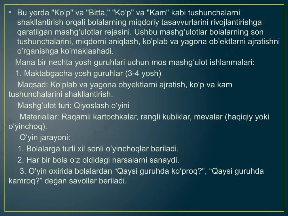 hunchalarini rivojlantirishga, matematik fikrlash qobiliyatini shakllantirishga yordam beradi. bolalarning miqdoriy tushunchalarini shakllantirish uchun mashg'ulotlarni yanada kengroq va batafsil qilish mumkin. bu mashg'ulotlar orqali bolalarga miqdorni qiyoslash, butun va qismlarga ajratish, tenglik va tengsizlik tushunchalarini chuqurroq o'rgatish imkoniyati tug'iladi. har bir yosh guruhi uchun ishlab chiqilgan mashg'ulotlar bolalarning rivojlanish darajasiga mos ravishda tushunchalarni shakllantirishga qaratilgan. 1. maktabgacha yosh guruhlar (3-4 yosh) uchun mashg'ulotlar bu yoshda bolalar hali asosiy tushunchalarni endi o'rganib, ko'plab va yagona narsalarni ajratishni o'zlashtirishadi. mashg'ulotlar orqali "ko'p", "kam", "bitta", "bir nechta" kabi asosiy tushunchalarni shakllantirish muhimdir. mashg'ulot 1: "nimani tanlaysiz?" maqsad: ko‘plab va yagona obyektlarni tanlash, ko‘p va kam tushunchalarini o‘zlashtirish. materiallar: kichik o'yinchoqlar, masalan, to'pchalar yoki rangli qalamlar. jarayon: 1. bolalar ikki guruhga bo‘linadi. 2. har bir guruhga ma'lum miqdorda o‘yinchoqlar beriladi. 3. bolalar guruhlarining o‘yinchoqlarini sanab, "kimning ko‘proq?" yoki "kimning kamroq?" kabi savollarga javob beradi. natija: bolalar miqdoriy farqlarni sanash orqali anglashga o‘rganadi. 2. kichik guruh …