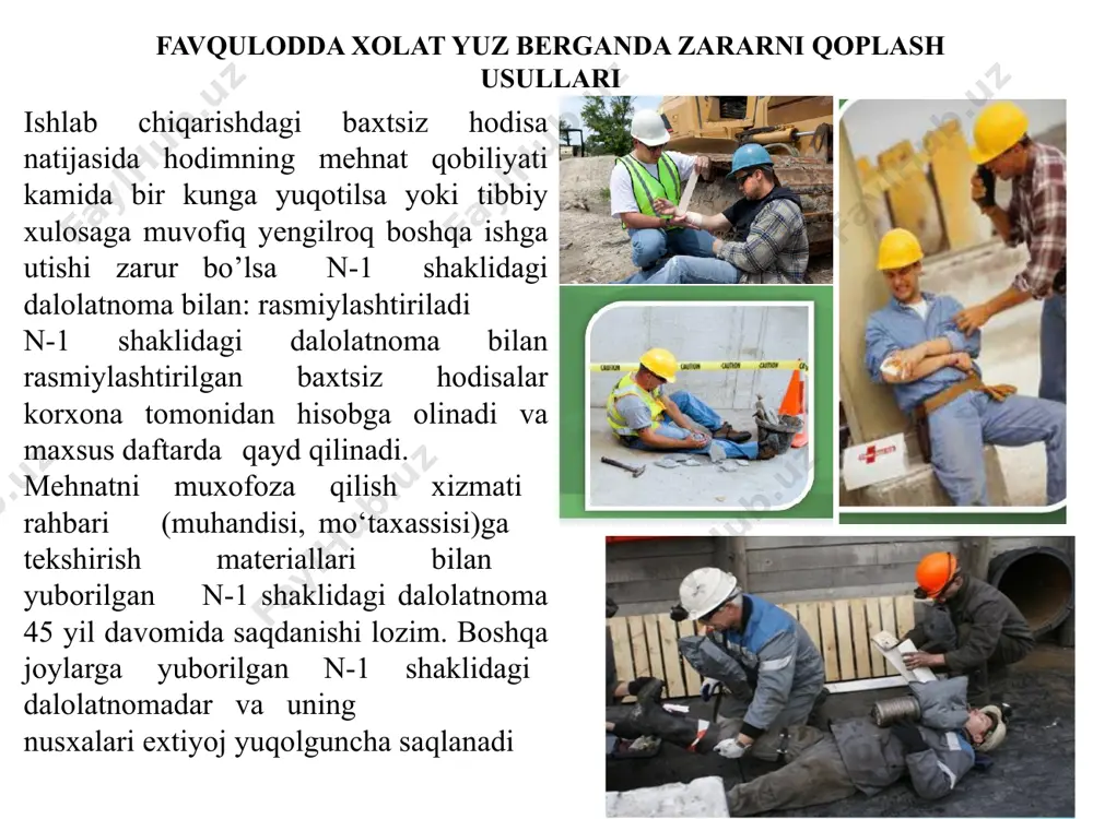 b bo’ladi. kuchli yomg’ir yog’ish (jala sel quyish). qorlarni surunkali erishi natijasida. oqar daryolardagi muzliklar yig’ilib, suniy to’g’on xosil qilishi. tog’lar jinslarning nurashi suv omborlarining buzilishi oqibatida. suv toshqinlari turli joylarda jumladan o’zbekistonda xam tez-tez bo’lib turgan respublikamizga tegishli bo’lgan suv omborlaridan 55.5 mlrd m3 dan ortiq suv saqlanib, ular orqaliy asosan qishloq xo’jaligini suv bilan tamirlab katta iqtisodiy samara oladi 1-tasodifiy 2-shiddatli 3-mo’tadil 4-ravon yer silkinishi, portlash, avariyalar. yong’inlar, zaxarli gazlar. suv toshqinlari, vulqonlar sekin asta tarqaluvchi gazlar. favqulotda vaziyatlar xavfining tarqalish tezligiga ko’ra quyidagi guruxga bo’linadi. fv yana tarqalish miqyosiga shikastlanganlar soniga xamda moddiy yo’qotishlarga qarab 4 xil. lakal-biror obektga taluqli bo’lib, uning miqyosi o’sha obekt bilan chegaralanadi. 10 nafardan ortiq bo’lmagan odam jabrlangan yoki 100 nafardan ortiq bo’lmagan odam xayot faoliyati sharoiti buzilgan. maxalliy- axoli yashaydigan xudud shaxar tuman viloyat bilan chegaralanadi. 10 nafardan ortiq bo’lmagan odam jabrlangan yoki 100 nafardan ortiq bo’lmagan odam xayot faoliyati sharoiti …