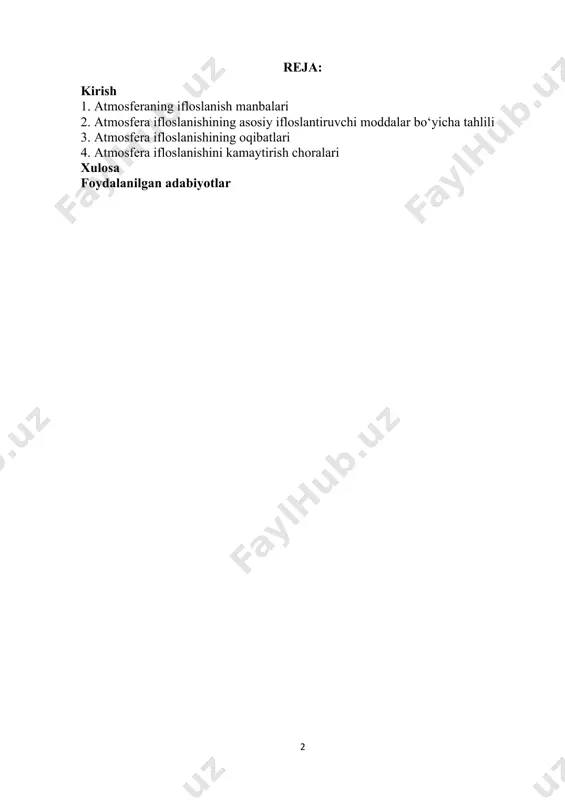 bonat angidrid, metan, azot oksidlari va boshqa zararli gazlar miqdori oshib bormoqda. bu esa global iqlim o‘zgarishiga, qurg‘oqchilik, muzliklarning erishi, dengiz sathining ko‘tarilishi va tabiiy ofatlarning ko‘payishiga sabab bo‘lyapti. mintaqaviy jihatdan esa, ayniqsa yirik sanoat shaharlarida havo ifloslanishining yuqori darajaga chiqishi insonlarning nafas olish tizimi kasalliklariga chalinishiga olib kelmoqda. atmosferani himoya qilish va uning ifloslanish darajasini kamaytirish bugungi kunda eng dolzarb muammolardan biri hisoblanadi. bu borada xalqaro ekologik bitimlar, ekologik texnologiyalardan foydalanish, muqobil energiya manbalarini keng joriy etish va aholining ekologik ongini oshirish kabi chora-tadbirlar amalga oshirilishi lozim. faqat shu yo‘l bilangina kelajak avlodlar uchun ekologik xavfsiz muhitni yaratish mumkin. 1. atmosferaning ifloslanish manbalari atmosfera ifloslanishi turli tabiiy va antropogen (inson faoliyati bilan bog‘liq) omillar natijasida yuzaga keladi. bu ifloslanish jarayoni havoning kimyoviy tarkibini o‘zgartiradi va ekologik muvozanatga jiddiy ta’sir ko‘rsatadi. quyida atmosferani ifloslantiruvchi asosiy manbalar batafsil ko‘rib chiqiladi. tabiiy manbalar. tabiatning o‘zi ham atmosferaga turli moddalarni chiqarib, havo tarkibini …