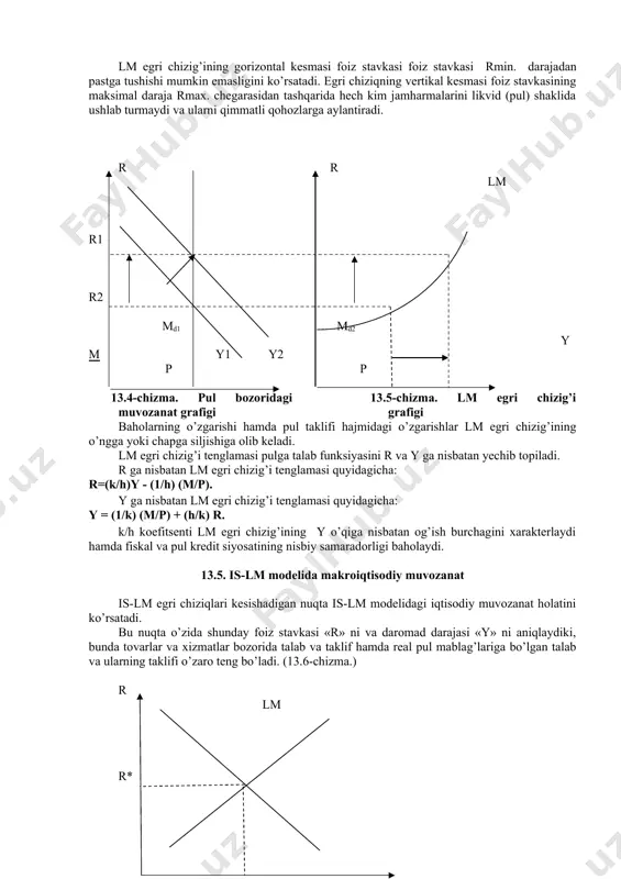 liqlikni aks ettiradi. lm egri chizig’ining har bir nuqtasida pulga talab md pul taklifi ms ga teng bo’ladi (liquidity preferense = money supply). pul bozorida bunday muvozanatga daromad y ning oshishi bilan foiz stavkasi r ko’tarilsagina erishiladi. ma’lumki, pulga talab miqdoriga foiz stavkasidan tashqari daromadlar darajasi ham ta’sir ko’rsatadi. daromadlar yuqori bo’lsa, xarajatlar ham ko’p bo’ladi. bu esa, o’z navbatida iste’mol va boshqa xarajatlar uchun pulga talabni oshishiga olib keladi. shunday qilib, daromadlar darajasining yuqoriroq bo’lishi pul talabini oshiradi. boshqacha aytganimizda, daromad va pulga talab dinamikasi o’rtasida to’g’ri bog’liqlik mavjud. pulga talab funksiyasini quyidagicha yozamiz: m/r= f(r;u) pul bozori holatini belgilovchi ko’rsatkichlar o’rtasidagi bunday o’zaro munosabatlarni 26-, 27 chizmalarda tasvirlaymiz. 26-chizmadan ko’rinib turibdiki, pulga bo’lgan talab, foiz stavkasi pasayishi bilan, shuningdek, daromadlar ko’payishi natijasida ham oshadi. daromadlarning oshishi natijasida pulga talab egri chizig’i md1 yuqori surilib, md2 holatini egallaydi va unda pul bozoridagi muvozanat nuqtasi, r1 holatidan r2 holatiga o’tadi. …