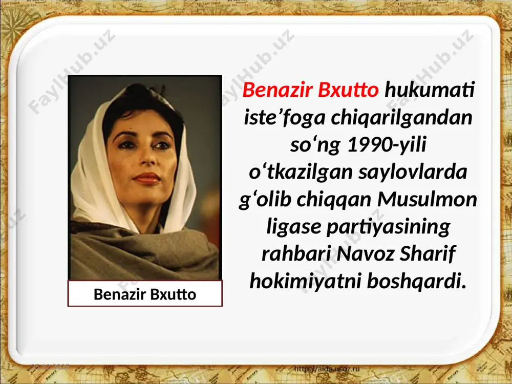 02-yil iyun oyida bo‘lib o‘tgan umumafg‘on loyya jirgasida homid karzay afg‘o niston prezidentietib saylandi. 21.09.2019 11 afg‘onistonga 5 mlrd dollar xalqaro yordam ajratildi. 2003-yili afg‘onistonning yangi konstitutsiyasi qabul qilindi. mamlakat «afg‘oniston islom respublikasi» nomini oldi. yangi konstitutsiya mamlakatda prezidentlik boshqaruvini o‘rnatdi. 21.09.2019 12 konstitutsiya saylovlar va siyosiy partiyalar tuzish uchun yo‘l ochib berdi. 2004-yil bo‘lib o‘tgan prezidentlik saylovlarida homid karzay afg‘oniston prezidenti etib saylandi. 21.09.2019 13 homid karzay 2014-yili bo‘lib o‘tgan prezidentlik saylovlarining ikkinchi turida muhammad ashraf g‘ani afg‘oniston prezidenti, abdulla abdulla esa hukumat raisi lavozimlarini egalladi. 21.09.2019 14 muhammad ashraf g‘ani bmt axborotiga ko‘ra, 2005-yili dunyodagi narkotik savdosining 87%i afg‘onistonga to‘g‘ri keladi. 21.09.2019 15 2007-yildan narkotik savdosi susaya bordi, ammo 2017-yili yana keskin o‘sdi. savol va topshiriqlar 1. pokistonda p.musharrafning qanday siyosati uning iste’fosiga sabab bo‘ldi? 2. pokistonda iqtisodiyotning qaysi sohalari yaxshi rivojlangan? 3. sssr tarqalib ketgandan so‘ng afg‘onistonda qanday siyosiy vaziyat vujudga keldi? 4. zamonaviy afg‘onistonning asosiy muammolari …