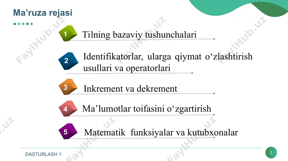 , default, break, continue, goto. xotira turlari: auto, register, static, extern. tiplar bilan ishlash: typedef, sizeof. struktura: struct, union. chiqish: return, entry. dasturlash 1 * o’zgaruvchi nima? o‘zgaruvchi - ma'lum nomga ega va o‘zida qiymatlarni saqlaydigan kompter xotirasidagi yacheyka. dastur bajarilish jarayonida o‘zgaruvchilar qiymati o‘zgarishi mumkin. yacheykaga yangi qiymat yozilganda eskisi o‘chib ketadi. o‘zgaruvchi tiplari: int – [-32768…32767] oraliqdagi butun sonlar (2 baytgacha) float – xaqiqiy son, floating point (4 baytgacha) char – belgi, character (1 baytgacha) dasturlash 1 * o’zgaruvchilarning tiplari char – bitta simvol; long char – uzun simvol; int – butun son; short yoki short int – qisqa butun son; long yoki long int – uzun butun son; float haqiqiy son; long float yoki double – ikkilangan haqiqiy son; long double – uzun ikkilangan haqiqiy son. dasturlash 1 * o’zgaruvchilarni e’lon qilish va qiymat berish o‘zgaruvchilarni dasturning ixtiyoriy qismida qayta ta'riflash mumkin. misol uchun: int a, b1, …