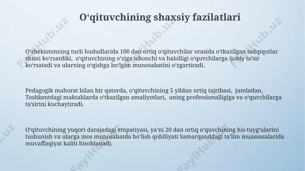 й вилоятидаги 25 та мактабда амалга оширилган кузатувлар, ўқувчиларнинг ўз-ўзини баҳолаш кўникмаларининг ривожланишида 3 дан 5 гача бўлган балл билан баҳоланишини кўрсатди, бу эса ушбу йўналишдаги ишларнинг самарадорлигини ошириш учун аниқ чора-тадбирларни ишлаб чиқишни талаб этади. axborot-kommunikatsiya texnologiyalari axborot-kommunikatsiya texnologiyalari (akt) o'quv jarayonida, masalan, 100 dan ortiq o'quvchi bo'lgan toshkentdagi maktablarda, onlayn ta'lim platformalari orqali samarali interfaol mashg'ulotlarni tashkil qilish imkonini beradi. samarqanddagi maktablarda akt vositalaridan foydalanib, 20 dan ziyod interaktiv o'yinlar va simulyatsiyalar yaratish orqali o'quvchilarning faol ishtirokini ta'minlash va motivatsiyasini oshirish mumkin. o'zbekistondagi 50 ga yaqin oliy o'quv yurtlarida akt yordamida masofaviy ta'lim dasturlarini joriy etish, onlayn testlar va elektron darsliklar orqali talabalarning bilimini baholash tizimini yaxshilaydi. e'tiboringiz uchun rahmat @taqdimot_robot image4.png image3.jpeg