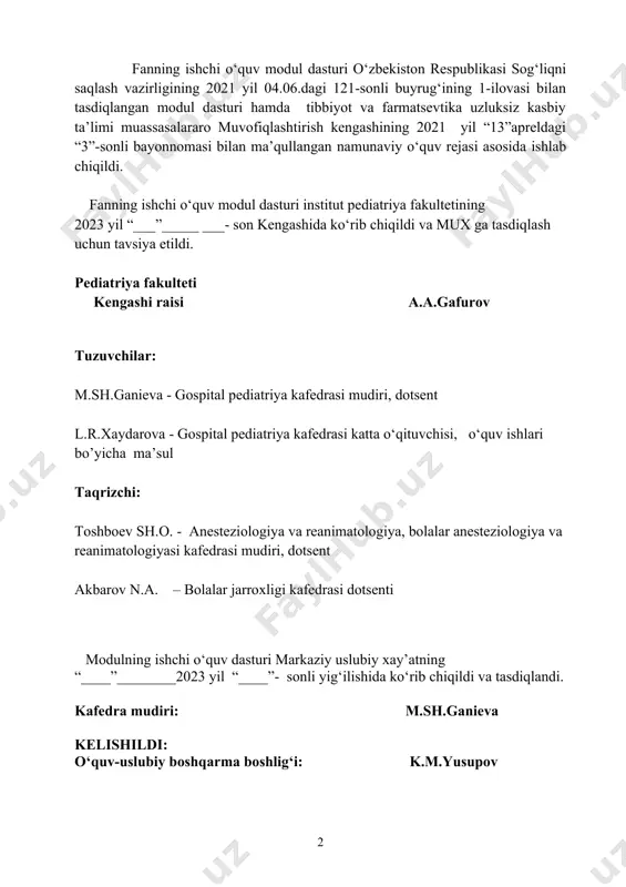 an o’zgartirish va qo’shimchalar 5510200 – “pediatriya” ta’lim yo’nalishi pediatriya fani ishchi o’quv modul dasturi strukturasi, tematik rejasiga mt-2021ga o’tilishi munosabati bilan quyidagi o’zgartirishlar kiritildi. fanga oid o’quv materiallarni tayyorlashda unicef va jsst tashkilotlarining “onalar va bolalar sog‘ligini mustaxkamlash dasturi”ning o’quv qo’llanmalaridan foydalanildi va quyidagi mavzular kiritildi: 1. bolalarni o’sish va rivojlanish monitoringi 2. statsionarda bolalarga yordam ko‘rsatish fanga ajratilgan soatlaridan kelib chiqib va mavzularni dolzarbligini inobatga olgan xolda bir xilgi mavzular birlashtirildi. yangi pedagogik texnologiyalar takomillashtirildi. fan reytingi va mashg’ulot xronokartasi takomillashtirildi. qo’shimcha adabiyotlar ruyxatiga kafedra tomonidan yaratilgan o‘quv qo‘llanmalar qo‘shildi. o’zgartirish va qo’shimchalar «gospital pediatriya» kafedrasi mudiri, dotsent ganieva m.sh. tomonidan kiritilgan. 1. o’quv modulining dolzarbligi va oliy ta’limdagi o’rni pediatriya moduli o’quv rejaning klinik modullar blokiga taalluqli bo’lib, 3-4-5 kurslarda o’qitiladi va umumiy shifokor pediatrida tibbiy bilimlar asosini shakllantirishda muhim ahamiyatga ega. modul bo’yicha bolalarda eng ko’p uchraydigan kasalliklar tug‘risida talabalar to’liq ma’lumotga ega bo’ladilar. bunda nazariy …