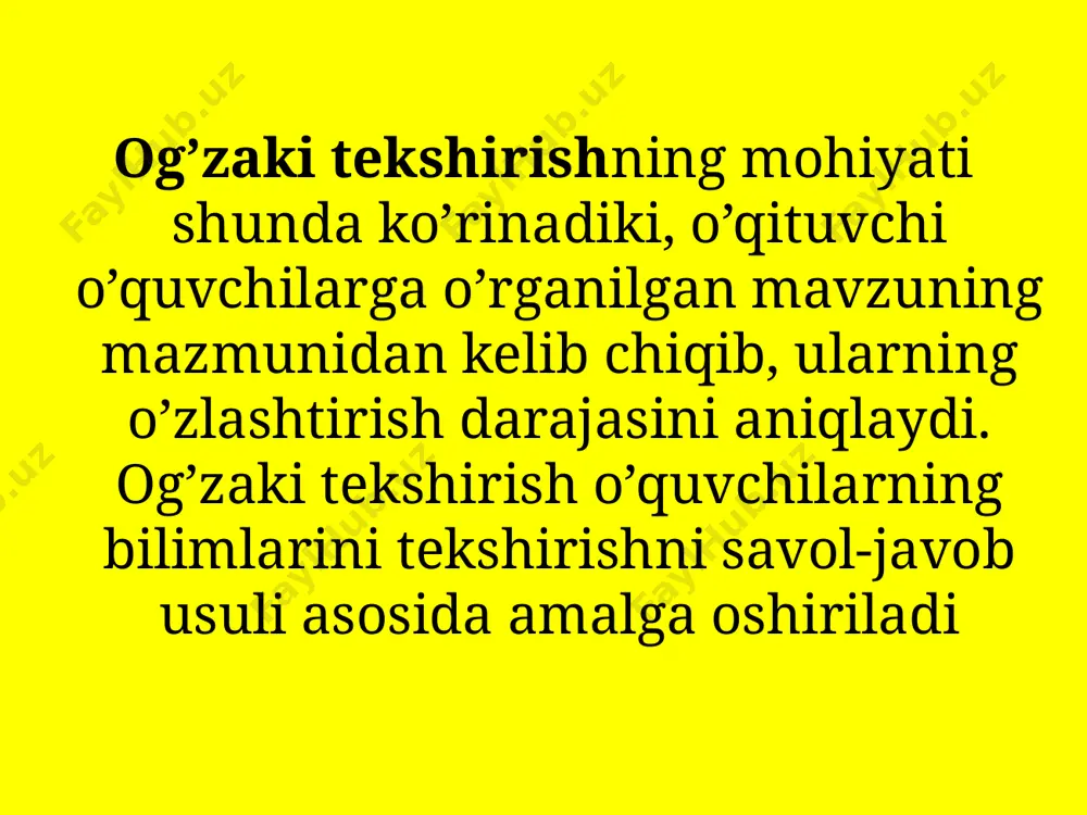 ‘quv fani mavzusi bo‘yicha tasavvurga ega bo‘lishi, mavzuning mohiyatini tushunib yetishi va aytib bera olishi, olgan bilimlarini amalda qo‘llay olishi, mustaqil mushohada yurita olishi, ijodiy fikrlay olishi va xulosa qabul qila olishi, masalalar hamda mustaqil ishlarni bajarishi kabi mezonlarga qarab amalga oshiriladi. e’tiboringiz uchun rahmat!!! image2.jpeg image3.png image4.jpeg image5.jpeg image6.jpeg image7.png image8.png image9.jpeg image10.jpeg image11.jpeg image12.jpeg image13.jpeg image14.jpeg image15.jpeg image16.jpeg image17.jpeg /docprops/thumbnail.jpeg