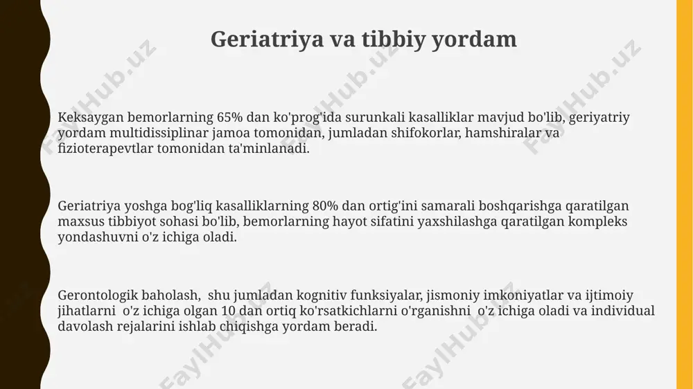 tlari oksidlovchi stress, erkin radikallar hosil bo'lishi natijasida dnk va hujayra tarkibiy qismlariga zarar yetkazib, qarish tezligini 20-30% ga oshiradi. miyaning hajmi va vazni 60 yoshdan keyin yiliga taxminan 0.5% ga kamayadi, bu esa kognitiv funksiyalar pasayishiga sabab bo'ladi. qarish jarayonida hujayra ichidagi telomerlarning qisqarishi kuzatiladi, bu esa 50-70 ta hujayra bo'linishidan keyin hujayra o'limining tezlashishiga olib keladi. demensiya va kognitiv buzilishlar kognitiv buzilishlar turli xil sabablarga, jumladan, miya shikastlanishi, insult, boshqa neyrodejenerativ kasalliklar va 70 yoshdan oshganlar orasida ko'proq uchraydi. demensiya bilan kasallanganlarning 60-70%ini altsgeymer kasalligi tashkil etadi, bu esa kognitiv buzilishlarning eng keng tarqalgan turi hisoblanadi va xotira, fikrlash va muhokama qilish qobiliyatlariga ta'sir qiladi. kognitiv buzilishlarning erta tashxisi va davolash kognitiv pasayish sur'atini sekinlashtirishi va bemorlarning hayotiy sifatini yaxshilashga yordam beradi, bu esa o'rtacha 5-10 yilgacha umrini uzaytirishi mumkin. kelajakdagi gerontologik tadqiqotlar kelajakdagi tadqiqotlar 50 yoshdan oshganlarning sog'lom qarishini ta'minlash uchun genetika va epigenetika sohalarida yangi yondashuvlarni, …