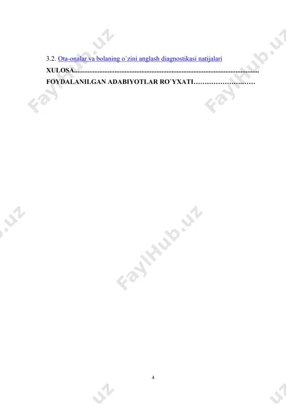 omonidan ko`rsatiladigan e`tiborning samarasini belgilaydi. bolaning psixik rivojlanishi uning ruhiyatiga ta`sir ko`rsatuvchi ob`ektiv va sub`ektiv omillarga, xususan, undagi o`zlikni anglash, o`ziga-o`zi beradigan baholar hamda munosabatlarning xarakteriga bog`liqdir. bu, avvalo, inson shaxsining psixologik asoslarini shakllantiruvchi, uning emotsional, intellektual va ijtimoiy rivojlanishiga zamin yaratuvchi ontogenezning dastlabki bosqichlariga taalluqlidir. bunda oiladagi munosabatlar, xususan, ota-onalar o`rtasidagi o`zaro munosabatlar, shuningdek, ota-ona va farzandlar o`rtasida o`rnatiladigan munosabatlarning tabiati katta rol o`ynaydi. oila ijtimoiy guruhlarning eng kichigi bo`lib, bolada o`zi va o`zgalar to`g`risida shakllanadigan ijtimoiy tasavvurlarining dastlabki muhiti sifatida katta ijtimoiy ahamiyatga molik maskandir. davlatimiz rahbari i.a.karimov ta`kidlaganlaridek, “insonning eng sof va pokiza tuyg`ulari, ilk hayotiy tushuncha va tasavvurlari birinchi galda oila bag`rida shakllanadi. bolaning xarakteri, tabiati va dunyoqarashini belgilaydigan ma`naviy mezon va qarashlar – yaxshilik va ezgulik, oliyjanoblik va mehr-oqibat, or-nomus va andisha kabi muqaddas tushunchalarning poydevori oila sharoitida qaror topishi tabiiydir”.1 tadqiqotning dolzarbligi, shu nuqtai nazardan boladagi jamiyatda, insoniy munosabatlar tizimida munosib maqomga ega bo`lishini …