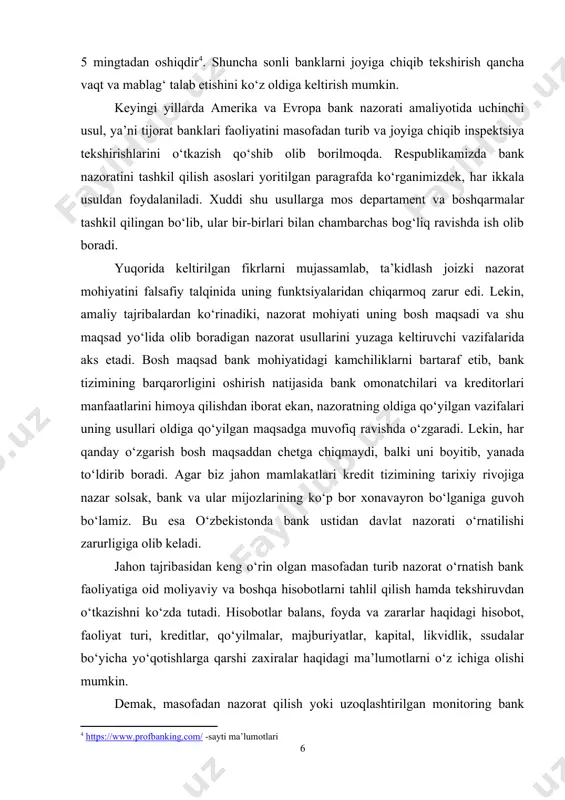 b chiqiladi. bank nazoratining asosini banklarning o‘zlari tomonidan tayyorlangan moliyaviy hisobot shakli yoki auditorlik firmalari tasdiqlagan ish faoliyatining moliyaviy ahvoli va rentabelligi haqidagi axborotlar tashkil etadi. ko‘pgina xalqaro me’yoriy hujjatlarda bank aktivlari va passivlarini to‘g‘ri baholash, ular faoliyatining moliyaviy natijalari haqqoniy baholanishi zarurligi ta’kidlanadi. bank ishining moliyaviy ahvoli va rentabelligi haqidagi aniq axborotlrning nazorat organlariga taqdim etilishiga bank nazorati bo‘yicha bazel qo‘mitasi bankning barqaror faoliyat ko‘rsatishining majburiy sharti sifatida qaraydi va bu uning «samarali bank tizimining asosiy mezonlari» deb nomlangan hujjatida ham o‘z aksini topgan. mazkur qo‘mitaning 1998- yil sentyabrida «bank ravshanligini mustahkamlash» degan maxsus materiali tayyorlanib, unda bank faoliyatining moliyaviy ahvoli va natijalari haqidagi axborotlarning o‘z vaqtida ommaga etkazib borilishi ta’kidlangan. bazel qo‘mitasining 1999- yil iyunida qabul qilingan boshqa bir hujjatida shunday uqdiriladi: «banklar mavjud tavakkalchiliklar va unga olib keluvchi vaziyatlar haqidagi ma’lumotlar kabi yo‘qotish hollariga zahira sifatida shakllantirgan kapitallarining barcha asosiy komponentlarini qisqa muddatlarda ommaga etkazib borishi kerak. …