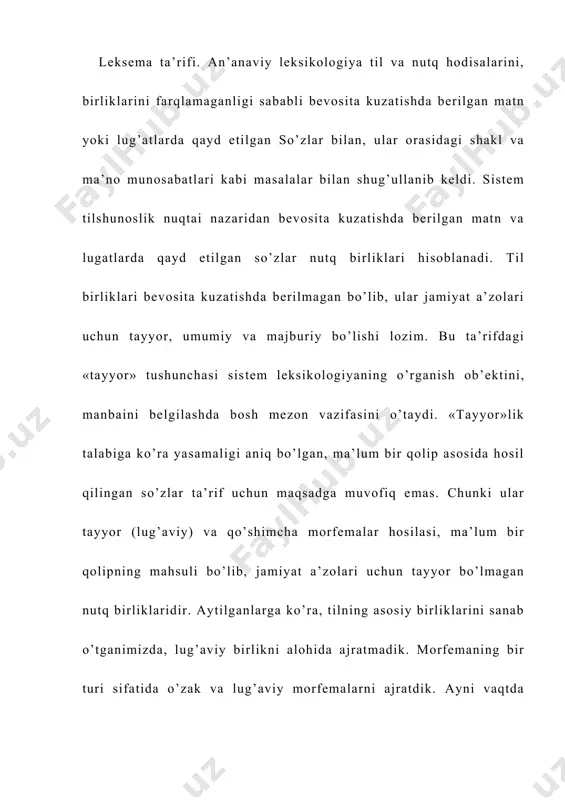 jratadi. ikkinchidan, ayni ta’rif grammatik morfemalar bilan leksemalar orasida katta to’siq yo’qligi tufayli, asosiy farq leksemalarning nutqda grammatik morfemalarni (qo’shimchalarni) o’ziga ergashtira olishidan iboratligini ta’kidlaydi. leksemalar bilan grammatik morfemalar orasida katta to’siqning yo’qligi leksemalar bilan qo’shimcha morfemalar orasidagi ziddiyatning noto’liq (privativ) tabiatga egaligi bilan belgilanadi. bu ziddiyat gapda mustaqil o’rin egallay olmaydi» degan fikr asosida tuziladi. bu holda qushimchalar kuchli a’zoni, leksemalar esa zaif a’zoni tashkil etadi. leksemalarning zaif a’zo vazifasida bo’lishiga sabab shuki, leksemalar uchun xos belgi ziddiyat belgisining teskarisi, ya’ni gap qurilishida mustaqil o’ringa ega bo’lishdir. lekin leksemalar ichida shundaylari ham borki, ular gapda mustaqil o’rinni egallay olmaydilar. bunday leksemalar sirasiga yordamchi so’zlar (bog’lovchilar, sof ot, fe’l, ravish, ko’makchi, yuklama, nisbiy so’zlar va b; ham, hamda, biroq, lekin; uchun, bilan, sari, sayin; tag, ost, bo’y, old; sara; boshla, yubor, bo’l, so’ng, kabi, yanglig’, burun kabilar) kiradi. mohiyatan ushbu yordamchi leksemalar grammatik morfemalardir. ular leksemalarga o’xshab, nutqda alohidalik xususiyatiga, …