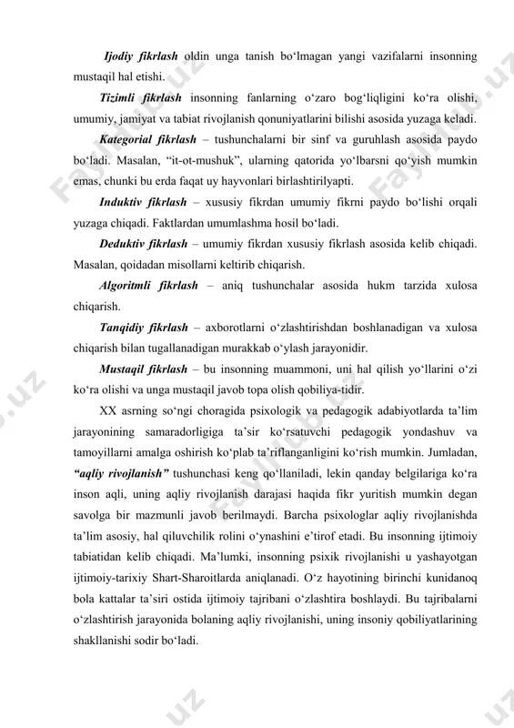 degan savolga bir mazmunli javob berilmaydi. barcha psixologlar aqliy rivojlanishda ta’lim asosiy, hal qiluvchilik rolini o‘ynashini e’tirof etadi. bu insonning ijtimoiy tabiatidan kelib chiqadi. ma’lumki, insonning psixik rivojlanishi u yashayotgan ijtimoiy-tarixiy shart-sharoitlarda aniqlanadi. o‘z hayotining birinchi kunidanoq bola kattalar ta’siri ostida ijtimoiy tajribani o‘zlashtira boshlaydi. bu tajribalarni o‘zlashtirish jarayonida bolaning aqliy rivojlanishi, uning insoniy qobiliyatlarining shakllanishi sodir bo‘ladi. olimlar orasidagi ba’zi xilma-xillik aqliy rivojlanishda bilimlarning roli qandayligi haqidagi masalani keltirib chiqaradi. masalan, a.n. leontev bilimlar bilan aqliy rivojlanish, xuddi shunday rivojlanish o‘rtasida aniq teng ishorasini qo‘yadi. uning fikricha, insoniyat tajribasini “o‘zlashtirish” butunlay bola yashayotgan va rivojlanayotgan ijtimoiy sharoitlarda qo‘lga kiritilganligi bilan xarakterlanadi. boshqa olimlar(e.n. kabanov-meller, v.a. krutetskiy) bilimlarni ahamiyatini pasaytirmaydi, biroq uni mutlaqlashtirmaydi ham. ular bilim aqliy rivojlanishsharti sifatida aks etadi, lekin uning tuzilishiga kirmaydi, deb hisoblashadi. bu mualliflarning fikricha, aqliy rivojlanish faqatgina bilimni o‘zinigina emas, insonning mazkur bilimni yangi sharoitlarda qo‘lga kiritish, qo‘llay olish, uzatish imkoniyatidan kelib chiqadi. z.i. …