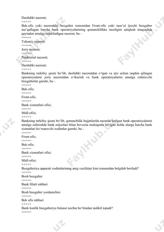 yalarini amalga oshiruvchi buxgalterlar guruhi, bu - ===== bek-ofis; ===== front-ofis; ===== bank xizmatlari ofisi; ===== midl-ofisi; +++++ bankning tarkibiy qismi bo‘lib, qonunchilik hujjatlarida nazarda tutilgan bank operatsiyalarini amalga oshirishda bank mijozlari bilan bevosita muloqotda bo‘lgan holda ularga barcha bank xizmatlari ko‘rsatuvchi xodimlar guruhi, bu - ===== front-ofis; ===== bek-ofis; ===== bank xizmatlari ofisi; ===== midl-ofisi; +++++ buxgalteriya apparati xodimlarining aniq vazifalari kim tomonidan belgilab beriladi? ===== bosh buxgalter ===== bank filiali rahbari ===== bosh buxgalter yordamchisi ===== bek ofis rahbari +++++ bank kunlik buxgalteriya balansi nechta bo‘limdan tashkil topadi? ===== 6 ===== 3 ===== 4 ===== 5 +++++ buxgalteriya operatsiyalarini o‘zida aks ettirib birlamchi, ular haqida mufassal axborot beruvchi hisobvaraqlar guruhi- ===== analitik hisob deb yuritiladi; ===== birlamchi hisob deb yuritiladi; ===== sintetik hisob deb yuritiladi; ===== moliyaviy hisob deb yuritiladi +++++ bosh kitob nima? ===== umumlashgan hisob materiallari haqida axborot berib, bank moliya hisobotlarida ko‘rsatiladigan hisobvaraqlar guruhi bo‘lib …