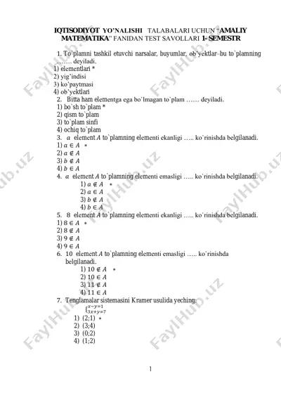 amaliy matematika fanidan test savollari — PDF