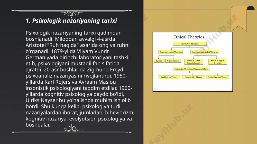 e/slaydai_bot psixologik nazariyaning muammolari ko‘pincha empirik dalillar bilan qanchalik mos kelishiga bog‘liq. 6-asrdan beri inson psixologiyasini tushunishga oid nazariyalar mavjud bo'lsa-da, har bir davrning yangicha yondashuvlari va izlanishlari bilan muammolar yangicha talqin qilinadi. ayniqsa, nazariylarning etnik va madaniy xilma-xilligiga mos kelishi, shuningdek, ularning universal qo‘llanilishi masalalari muhim. 1980-yillarda kognitiv psixologiyaning kuchayishi bilan yangi muammolar yuzaga kelgan: xotira, o‘rganish, va ongsizlik kabi tushunchalarning izohi nazariy asosida qayta ko‘rib chiqilmoqda. shuningdek, texnologiyaning rivojlanishi bilan raqamli psixologiya sohasida yangi nazariy muammolar kelib chiqmoqda. ... t.me/slaydai_bot 7. psixologik nazariyaning rivojlanishi psixologik nazariyaning rivojlanishi uzoq tarixga ega bo'lib, bir qancha bosqichlarni o'z ichiga oladi. xix asrda wilhelm wundt birinchi laboratoriyani ochib, tajribaviy psixologiyaning asosini qo'ydi. sigmund freud xx asr boshida psixoanaliz nazariyasi bilan psixologiyani inqilob qildi. 1950-yillarda kognitiv psixologiya benjamin bloom va boshqalar tomonidan rivojlantirildi. 1960-yillarda humanistik psixologiya paydo bo'ldi, carl rogers va abraham maslow bu yo'nalishda katta hissa qo'shgan. bugungi kunda psixologiya murakkab fan …
