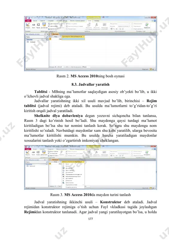 yangi vkladkalar paydo bo’lishi mumkin, masalan: jadval yaratish vaqtida rabota s tablitsami deb atalgan vkladkalar guruhida polya va tablitsa vkladkalari paydo bo’ladi. ms access bosh oynasining ish sohasida, yangi jadval yaratish uchun odatiy qabul qilingan tablitsa1 nomli jadvalning kod deb atalgan schetchik turidagi maydoni va yangi maydon kiritish uchun mo’ljallangan sariq rangdagi fonda shelknite dlya dobavleniya degan yozuvi bo’lgan maydon joylashgan bo’ladi. rasm 2. ms access 2010ning bosh oynasi 8.3. jadvallar yaratish tablitsi - mbning ma’lumotlar saqlaydigan asosiy ob’yekti bo’lib, u ikki o’lchovli jadval shakliga ega. jadvallar yaratishning ikki xil usuli mavjud bo’lib, birinchisi – rejim tablitsi (jadval rejimi) deb ataladi. bu usulda ma’lumotlarni to’g’ridan-to’g’ri kiritish orqali jadval yaratiladi. shelknite dlya dobavleniya degan yozuvni sichqoncha bilan tanlansa, rasm 3 dagi ko’rinish hosil bo’ladi. shu maydonga qaysi turdagi ma’lumot kiritiladigan bo’lsa shu tur nomini tanlash kerak. so’ngra shu maydonga nom kiritilishi so’raladi. navbatdagi maydonlar xam shu kabi yaratilib, ularga bevosita ma’lumotlar …