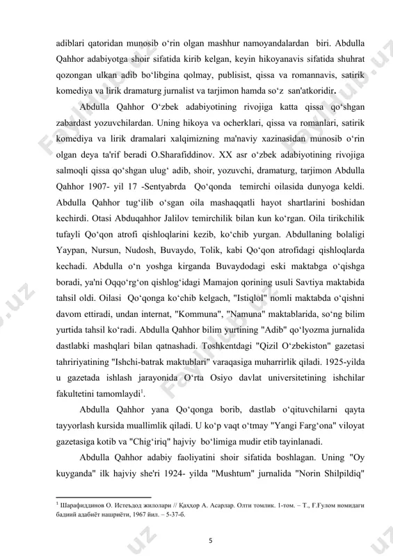 jurnalida mas'ul kotib vazifasini bajaradi. keyinchalik u o‘z davr nashr (1935-1953 yillar)da muharrir va tarjimon, 1954-1956 yillarda o‘zbekiston yozuvchilar uyushmasi boshqaruvining raisi bo‘lib ishlagan. abdulla qahhorning ijodi she'riyat bilan boshlangan bo‘lsada, uning adabiy merosi negizini nasriy asarlari tashkil etadi. "boshsiz odam" hikoyasi 1929-yilda chop etilgan vaqtdan boshlab, umrining oxirigacha hikoya, ocherk, publisistika, qissa va roman janrlarida samarali ijod qildi . adibning birinchi "qishloq hukm ostida" qissasi 1932- yili chop etilgan. keyinchalik 1933- yilda "olam yosharadir", "qotilning tutilishi", 1935-yilda "qanotsiz chittak", 1936- yilda "maston" kabi hikoyalari to‘plamlari nashrdan chiqdi. abdulla qahhorning 30-yillar ijodida uning birinchi romani - "sarob" muhim o‘rinni egallaydi. yozuvchining ushbu romani bosh qahramon saidiyning faoliyatini ko‘rsatishga qaratilgan, yana unda 20-yillarning 2-yarmidagi o‘zbek xalqi hayotining maishiy, etnografik, iqtisodiy va ma'naviy manzaralari yaqqol aks etib turadi. "sarob" keng mavzuli roman bo‘lgani uchun yozuvchi o‘zining badiiy niyatini yalang‘och holda ko‘rsatmay, uni shu davr hayotining boshqa manzaralari ko‘rinishida reallashtirishga uringan. voqealar tasvirida …