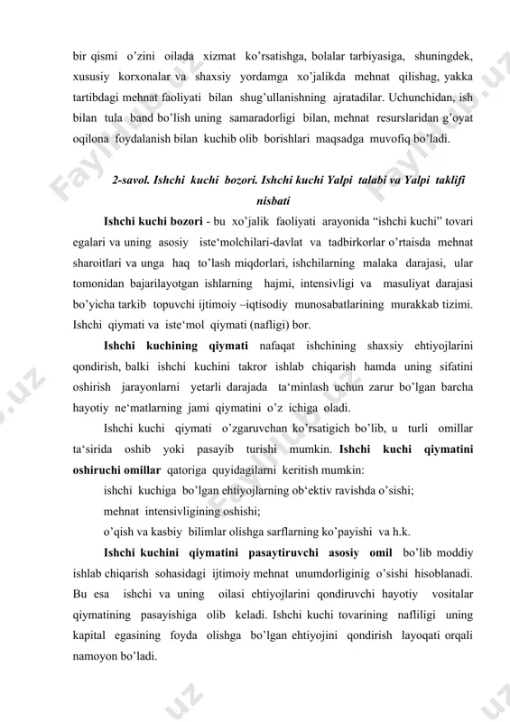 , ishchi kuchi bozori ishchi kuchi yalpi taklifning unga bo’lgan yalpi talabdan doimiy ravishda to’proq bo’lishi tendentsiyasi bilan tavsiflanadi. bu esa bozorda ishchilar band bo’lmagan qismi (ishsizlar) ning paydo bo’lishiga olib keladi. to’rtinchidan, bozor iqtisodiyotining tsiklli rivojlanishi odatda inflyatsiya va ishsizlik bilan birga boradi. ya‘ni ishchilar hayot darajasining pasayib ketishi (narxlarning oshishi, ish haqining qisqarishi, to’lovga qodir talabning pasayishi va h.k.) orqali namoyon bo’ladi. mehnatga layoqatli aholi umumiy sonida ishsizlarning ulushi qanchalik oz bo’lsa narxlarning inflyatsiya ta‘siri ostida o’sish sur‘atlari shunchalik yuqori bo’ladi. ingliz iqtisodchisi a. fillij ishsizlik va inflyatsiyaning o’sishi o’rtasidagi bog’liqlikni ko’rsatib berib, bu bog’liqlikni ifodalovchi egri chiziq filips egri chizig’i deb nom oli. unga ko’ra, inflyatsiya darajasini 1% ga pasaytirish uchun ishsizlikni 2% ga o’stirish lozim bo’ladi. filips egri chizig’i w, p % u.% w-nominal ish haqining o’sish surati; r-inflyatsiya darajasi; u-ishsizlik darajasi. ishsizlik va inflyatsiya darajasidagi nisbatni tartibga solishda davlatning iqtisodiy siyosati asosiy rol o’ynaydi. davlat …
