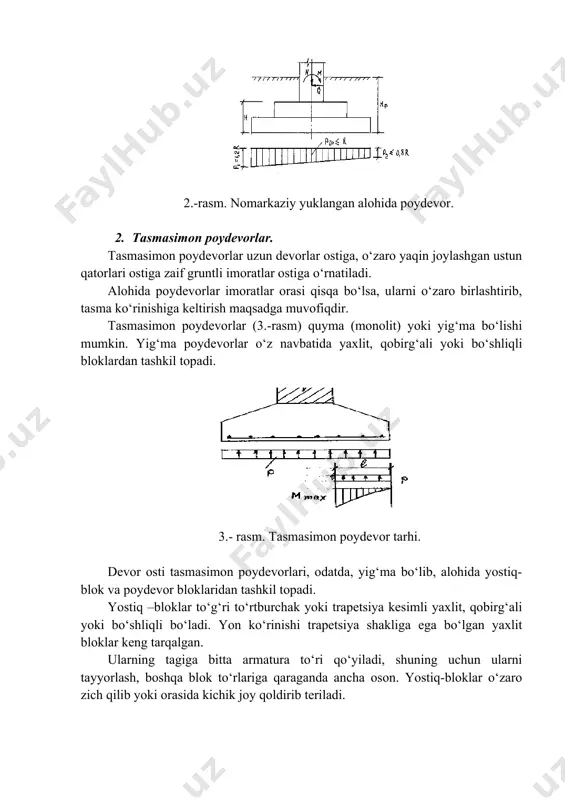 ta bo‘lsa, hisoblarda uni mutloq qattiq jism deb qarash mumkin, chunki konstruktsiya deformatsiyasi zamin deformatsiyasiga qaraganda ancha kichik bo‘ladi. bunday poydevorlar ostida bosimning tarqalishini chiziqli deb olish mumkin. umuman tasmasimon poydevorlar bikr va egiluvchan bo‘ladi. mutloq bikr tasmasimon poydevor statik noaniq balka sifatida hisoblanadi, balkaga yuqoridan ustun yuklari, pastdan esa gruntning reaktiv qarshiligi ta’sir etadi. tasmasi uzun ustunlar orasidagi masofa katta bo‘lgan poydevorlar egiluvchan poydevorlarga kiradi, chunki ularning ko‘chishi zamin ko‘chishlariga yaqin bo‘ladi. egiluvchan temirbeton poydevorlar elastik zaminda yotuvchi balkalar sifatida hisoblanadi, bunday balka hisobida quyidagi ikki usul keng tarqalgan: bulardan birida, vinkler faraziga ko‘ra, biror nuqtaning cho‘kishi shu nuqtaga qo‘yilgan bosimga to‘g‘ri mutanosib bo‘lib, boshqa nuqtalarning cho‘kishiga boьliq emas, deb qaraladi. ikkinchi usulga ko‘ra grunt bir jinsli elastik jism deb qaraladi. bunday zamin elastik yarim fazo deb ataladi. 3. ustunsimon poydevorlar alohida turuvchi ustunlar orasidagi masofa poydevor tagligining o‘lchamlaridan katta bo‘lgan hollarda qo‘llaniladi; bu esa yuklar qiymati va gruntning …