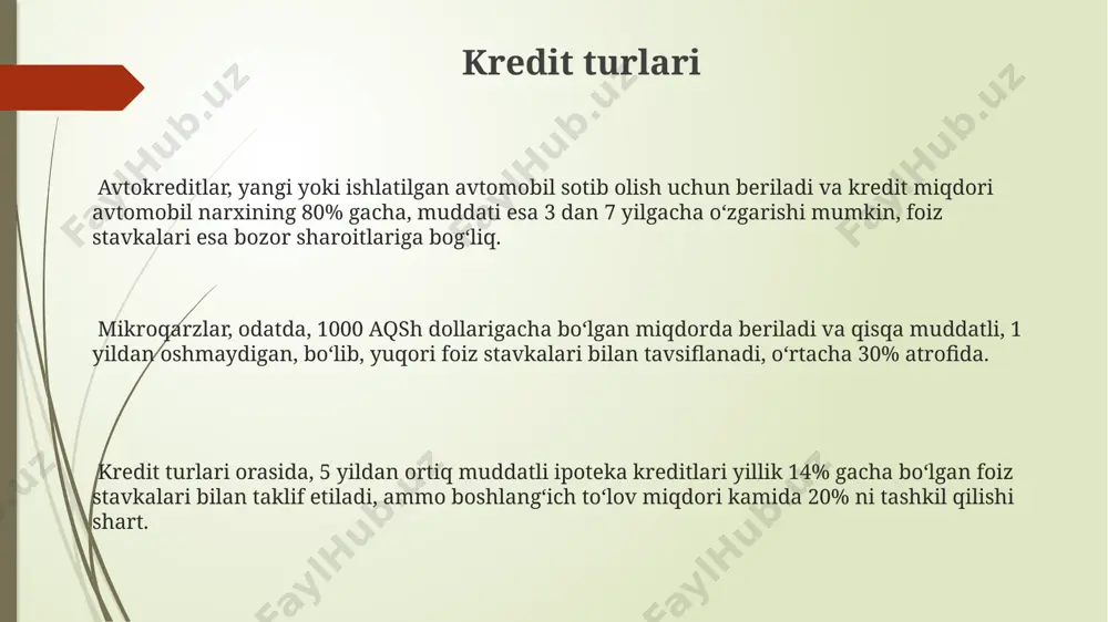 ini, odatda kredit miqdorining 0,5% dan 1% gacha miqdorida qo'shimcha to'lovlarni o'z ichiga oladi. kredit siyosati кредит сиёсати марказий банк томонидан бозордаги фоиз ставкаларини 5-10% доирасида бошқариш орқали инфляцияни назорат қилиш ва иқтисодий ўсишни рағбатлантиришга қаратилган бўлиши мумкин. кредит сиёсатининг самарадорлигига таъсир этувчи омиллардан бири – бу кредитларнинг 20% дан ортиғини ташкил этувчи йирик корхоналарнинг кредитга бўлган талабининг ўзгаришидир. миллий валютанинг барқарорлиги ва кредит ресурсларининг етарлилиги кредит сиёсатининг асосий мақсадларидан бири бўлиб, бу кўрсаткичлар мамлакатнинг яим ўсишига 3-5% га таъсир этиши мумкин. kredit mahsulotlari kredit mahsulotlariga qoʻshimcha xizmatlar, masalan, sugʻurta yoki toʻlovlarni kechiktirish imkoyati kiradi, bu esa kredit olish jarayonini soddalashtiradi va xavflarni kamaytiradi, lekin bularning barchasi qo'shimcha to'lovlarni keltirib chiqarishi mumkin. kredit mahsulotlarining foiz stavkalari oʻrtacha 15% dan 25% gacha oʻzgarib turadi, bu esa kredit miqdori, mijozning kredit tarixi va boshqa omillarga bogʻliq; shuningdek, jarima to'lovlari ham mavjud bo'lishi mumkin. kredit mahsulotlari turli muddatlarga, masalan, 6 oy, 12 oy …