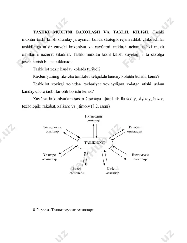 kotlari va ishlanmalari, mijozlarga xizmat kursatish, samarali sotish, tovarni reklama kilish va foyda. moliya (buxgalterlik xisobi). moliyaviy xolatni taxlil kilish tashkilotga foyda keltirishi va strategik rejalashtirish jarayoni samaradorligini oshirishga xizmat kursatishi mumkin. moliyaviy xolatning chukur taxlili tashkilotdagi ichki potensial kuchsiz tomonlarini va rakobatchilarga nisbatan tashkilot axvolini yuzaga chikarishi mumkin. ishlab chikarish. ishlab chikarishni taxlil kilishda kuyidagi savollarga javob berish kerak: 1. rakobatchilarga nisbatan biz maxsulot narxini kamaytira olamizmi? 2. kaysi resurslarni olishga imkoniyatimiz bor? 3. kuvvat va jixozlarimiz xozirgi zamon talabiga javob beradimi? 4. bizning maxsulotimiz talabning mavsumiyligiga egami, agar ega bulsa, kanday kilib bu vaziyatni optimallashtirish mumkin? 5. rakobatchilarimiz xizmat kursatmaydigan bozorlarda biz xizmat kursata olamizmi? 6. sifatni nazorat kilish tizimimiz kay darajada samarali? 7. loiyxalashtirilgan va rejalashtirilgan ishlab chikarish jarayoni kay darajada samarali? inson resurslari. agar tashkilot malakali xodimlar va anik maksad sari intiladigan raxbarlarga ega bulsa, unda tashkilot xar kanday alternativ strategiyalar sari borishga kodir buladi. firma …