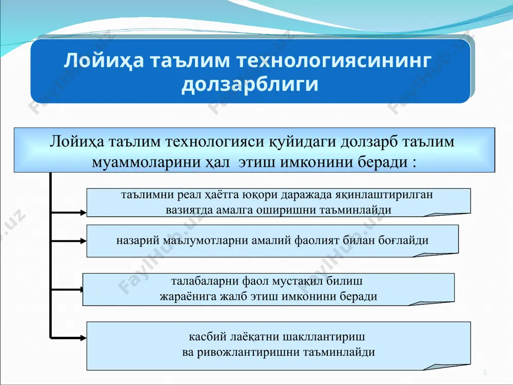 гогика ва психология” йўналиши, 2-курс талабалари. таълимнинг мақсади: ўқув курси бўйича эгалланган билимларни чуқурлаштириш мақсадида ижтимоий меъёрдан оғишиш холатларини олдини олиш бўйича малака кўникмаларни шакллантириш. режалаштирилаётган ўқув натижалари: ижтимоий меъёрдан оғиши кўринишларини фарқлайди; ... аниқ холатларда профилактика, коррекция, ребилитация бўйича кўникмаларига эга бўлади. лойиҳалаштириш фаолияти бўйича қуйидаги амалий кўникмаларга эга бўлади: муаммони шакллантириш ва вазифаларни аниқлаш; вазифаларни амалга оширишдаги усулларни танлаш ва улардан фойдаланиш;... талабалар лойиҳани муваффақиятли бажаришлари учун билишлари лозим бўлган олдинги билим ва кўникмалар қуйидагилардан иборат: қуйидаги олдинги билим, кўникмаларни билиши керак: жахонда ва ўзбекистонда олиб борилаётган ижтимоий сиёсат; меърдан оғишиш турларини, фаннинг назарий асослари; ... * мисол ўқув лойиҳаси: “девиация – ижтимоий педагогик муаммо сифатида“ (давоми) педагогик аннотация (лавҳа) турланиш белгилари бўйича лойиҳага тавсиф: тури амалий; предмет ва мазмун жиҳатдан кўлами бир фан бўйича фойдаланилувчи моно ва фанлараро лойиҳа; иштирокчилар сони 5 тадан 8 тагача иштирокчи бўлиши мумкин; бажариш муддати ўрта муддатли – ўқув семестри якунигача. лойиҳани …