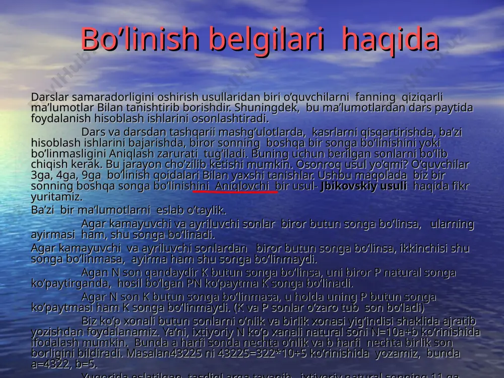 b turadi. 2) 6902[5] - 5 __________ 689[7] - 7 ________ 68[2] - 2 _________ 66 3) 37706[9] - 9 ________ 3769 [7] - 7 ________ 376[2] - 2 ________ 37[4] - 4 _______ 33 425723[6] 6 _________ 42571[7] 7 _________ 4256[4] - 4 _________ 425[2] - 2 ________ 42[3] - 3 _______ 39 demak, 377069 soni 11 ga bo’lindi, 4257236 esa 11 ga bo’linmaydi….. bu jarayonda, oxirgi raqam o’chiriladi va qolgan bir xona kamaygan sondan shu o’chirilgan raqam ayriladi va hokazo. (bu jarayonda o’chirilgan soni [ ] qavsga olib yozdik). umumuy mulohazalar. biror n natural son, oxiri 1 bilan tugagan (sqk+1) songa bo’linishini jbikovskiy qoidasi bilan aniqlash mumkin. bu usul quyidagi tartibda yozib boriladi. ayrim almashtirishlarni bajarib, shunday xulosaga kelamiz: bundan umumlashtirilgan tenglik ko’rinishidagi formula kelib chiqadi. bu yerdagi a0, b1, b2, b3,……, bi harfiy ifodalar, mos koeffitsentlar. demak, n sonini mq(sqkq1) ga bқlganda, ya’ni jbikovskiy usuli bo’yicha, bo’linishni …