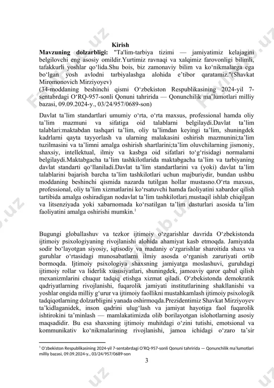 arini ilmiy nazariy tomonlama yoritib berilishi. 2. o'zbekistonda ijtimoiy psixologiyaning rivojlanishiga tasir qiluvchi omillar. 3. o'smir yoshdagi o'quvchilarni ijtimoiylashuv jarayonini psixodiagnostik taxlili. 4. o'smir yoshdagi o'quvchilarni ijtimoiylashuv jarayonini shakllantiruvchi psixokorreksion imkoniyatlar. kurs ishining predmeti: kichik maktab yoshidagi bolalarning ijtimoiy ustanovkalarining shakllanishi va rivojlanish jarayonini o‘rganish. kurs ishining obyekti: kurs ishining nazariy ahamiyati: mazkur ish kichik maktab yoshidagi bolalarda ijtimoiy ustanovkalar shakllanishining psixologik mexanizmlarini chuqur tahlil qilishga yordam beradi hamda bu jarayonni ilmiy asosda tushuntiruvchi nazariy bilimlarni boyitadi. kurs ishining amaliy ahamiyati: ish natijalari kichik maktab yoshidagi bolalarning ijtimoiy ustanovkalarini rivojlantirish uchun psixologik tavsiyalar ishlab chiqishga va amaliyotda samarali psixokorreksion ishlar olib borishga yordam berad. kurs ishining metodlari: kuzatish metodi,so‘rovnoma,suhbat metodlari, ijtimoiy moslashuv diagnostik testi (v. i. stolin va a. l. rean), "o‘z-o‘zini qadrlash" trening mashg`uloti. kurs ishining tuzilishi: kirish va ikki bobdan iborat. har bir bob 2 ta rejadan iborat. xulosa va foydalanilgan adabiyotlardan tashkil topgan. i bob o'zbek psixolog …