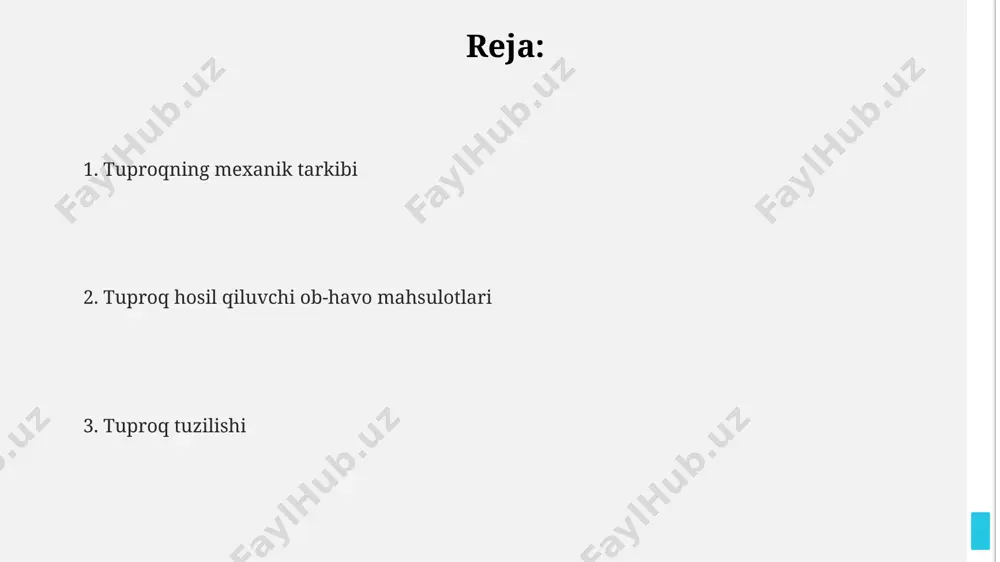 ari, suvni yaxshi ushlab turadi, lekin havo almashinuvi cheklangan bo'ladi. tuproqning mexanik tarkibi qum, gil va o'rtacha o'lchamli zarrachalar (chang, qumloq) nisbatlarini o'z ichiga oladi, masalan, samarqand viloyatining cho'l zonalarida qum miqdori 80% ga yetishi mumkin. tuproqning strukturasi o‘zbekistonning cho‘l va dasht zonalarida shamol eroziyasi tuproq strukturasini buzishi, 10-20 sm chuqurlikdagi qatlamning siqilishi va mustahkamligini oshirishi mumkin. tuproq strukturasining hosil bo‘lishida 5-10% organik moddalar muhim rol o‘ynaydi, bu esa tuproqning suv va havo o‘tkazuvchanligini yaxshilaydi, jumladan, samarqand viloyatining qora tuproqlarida kuzatiladi. tuproqning strukturasi agregatlarning o‘lchamlari va shakllariga bog‘liq bo‘lib, masalan, 1-3 mm o‘lchamdagi agregatlar qumli tuproqlarga, 0,25-1 mm o‘lchamdagi agregatlar esa farg‘ona vodiysidagi loy tuproqlarda uchraydi. tuproq hosil qiluvchi ob-havo mahsulotlari toʻgʻri iqlim sharoitida, masalan, fargʻona vodiysida, kimyoviy ob-havo mahsulotlari sifatida 5-10% miqdorida gil minerallari hosil boʻlib, tuproqning tuzilishini oʻzgartiradi. tuproq hosil qiluvchi jarayonlarda, masalan, oʻzbekistonning choʻl hududlarida, 30-40°c harorat ta’sirida fizik parchalash tezlashib, 10 mm dan kichik zarrachalar hosil …