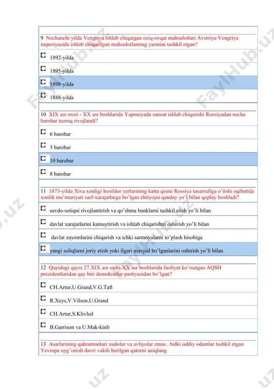 asrda vii asrda 15 xix asr ikkinchi yarmi – xx asr boshlarida turkistondagi mavjud sanoat ishchilari kimlarning hisobidan ortib borar edi? ko’chib keltirilgan rus aholisi hisobidan xonavayron bo’lgan dehqon yoki ishsiz qolgan hunarmandlar hisobidan ko’chib keltirilganlarga beriladigan imtiyozlar hisobidan markaziy rayonlarda ishlovchilarning ko’payishi hisobidan 16 ushbu so’zlar quyidagi qaysi aqsh prezidentiga tegishli “yangi davr arafasida turibmiz.bu davrda biz ameriklar dunyoni boshqarishimiz kerak?” v.vilson ch.artur t.ruzvelt v.g.taft 17 quyidagilarning qaysi biri rossiyada yekaterina ii hukmronligi davriga xos emas? y. pugachyov boshchiligidagi dehqonlar qo’zg’olonining yuz berishi krepostnoylik huquqi shakllanishining tugatilishi rossiya-turkiya urushida g’alaba qozonilib, qora dengiz bo’yida harbiy flot qurish huquqining qo’lga kiritilishi qrim xonligi qo’shini tor-mor etilib, uning rossiya imperiyasi tarkibiga qo’shilib olinishi 18 martin lyuter o’zining “95 tezis”yorlig’ida ilgari surgan talablari to’g’ri berilgan javobni toping? rim papasitaxtiga nemis millatiga mansub bo’lgan kishini o’tqazish protestantlik mazhabini tashkil qilish germaniyadagi cherkovni rim papasi qaramog’idan ozod etish inkvezitsiya sudini ta’qiqlash 19 boburning bolalik …