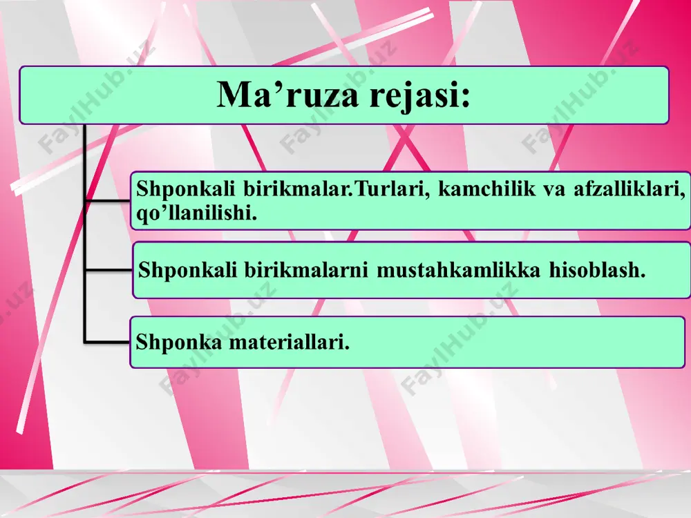 tsimon shponkali birikmalar ponasimon shponkali birikmalar bir tomoni konusligi 1:100 bo’lgan o’z-o’zini tormozlovchi ponadan iboratdir (3-rasm). pona kallakli va kallaksiz bo’lishi mumkin. bunday kallak ponasimon shponkani o’yiqchadan chiqarib olish uchun xizmat qiladi. xavfsizlik me’yorlariga ko’ra chiqiq kallak to’siqqa ega bo’lishi kerak. ponasimon shponka o’yiqchalarga qoqib kiritilganligi uchun zo’riqtirilgan birikma hosil bo’ladi. birikma nafaqat aylantiruvchi momentni, balki o’q bo’yicha yo’nalgan kuchni ham uzatadi. shponka zarb bilan qoqib kiritilganligi tufayli o’rnatilayotgan detalning val sirtida markazlanishi buzilib, ish vaqtida radial tepish vujudga keladi, birikmaning, tugunning ish maromi buzilishi mumkin. 3-rasm. ponasimon shponkali birikma tangensial shponkali birikmalar ikkita bir tomonlama 1:100 konuslikka ega bo’lgan ponalardan iborat bo’lib ensiz qirralari bilan ishlaydi (4-rasm). o’yiqchalarga zarba bilan kiritiladi va zo’riqtirilgan birikma hosil qiladi. bunda val va gupchak orasidagi tig’izlik o’zaro urinma (tangensial) yo’nalishda hosil bo’ladi. bunday shponkalar diametri d ≥ 60 mm bo’lgan va katta aylantiruvchi momentni uzatuvchi va ish maromi o’zgaruvchan bo’lgan vallarda qo’llaniladi. birikmada …