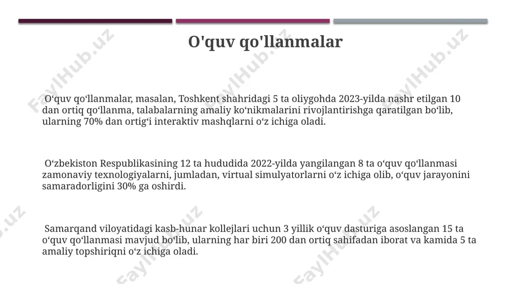 i ko'rsatdiki, elektron o'qitish an'anaviy usullar bilan solishtirganda o'quvchilarning 15% ko'proq ma'lumotni o'zlashtirishiga yordam beradi. elektron o'qitishda 2023-yil holatiga ko'ra, o'zbekiston bo'ylab 5000 dan ortiq onlayn kurslar mavjud bo'lib, ularning 30%i ingliz tilida taqdim etiladi. loyiha asosidagi ta'lim loyiha asosidagi ta'lim samarqand shahridagi 15 ta maktab o'quvchilarini jalb qilgan robot texnologiyalari bo'yicha 6 haftalik kursda, 3d modellashtirish va dasturlash asoslarini o'rgatish orqali o'ziga xos muammolarni echish qobiliyatlarini oshiradi. o'zbekistonning 10 ta turli hududlaridan kelgan 200 ga yaqin qatnashchilarni jalb qiluvchi, atrof-muhitni muhofaza qilishga bag'ishlangan yirik loyiha asosidagi ta'lim dasturi, ekologik muammolarni hal qilish bo'yicha amaliy ko'nikmalarni rivojlantiradi. loyiha asosidagi ta'lim, masalan, toshkentdagi 50 nafar talaba ishtirokidagi dasturlash bo'yicha 3 oylik intensiv kursni o'z ichiga olishi mumkin, bu yerda amaliy loyihalar orqali nazariy bilimlar mustahkamlanadi. coaching мураббийликнинг 7 турли услуби мавжуд бўлиб, улардан бири - нью-йорк шаҳрида кенг қўлланиладиган ижтимоий-эмоционал интеллектни ривожлантиришга йўналтирилган мураббийлик. кўпчилик мураббийлик хизматларидан фойдаланаётган 200 дан ортиқ …
