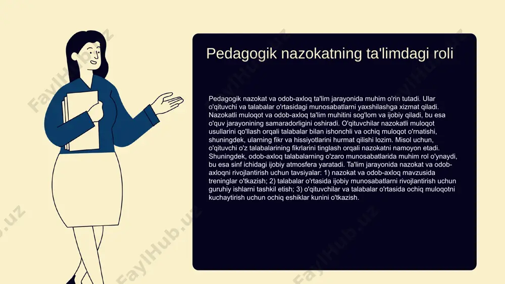 l qilishlari va ularga to'g'ri yo'lni ko'rsatishlari muhimdir. 4. misollar va muammolar: o'qituvchilar sinfdagi muammolarni hal etishda misollar keltirib, talabalarni fikrlashga va ijodiy yondashishga undashlari kerak. ushbu qoidalar o'qituvchilar va talabalar o'rtasida sog'lom va samarali o'zaro munosabatlarni rivojlantirishga yordam beradi. photo by teddy o on unsplash talabalar uchun odob-axloq qoidalari muhim odob-axloq qoidalari talabalar uchun odob-axloq qoidalari ta'lim jarayonida muhim ahamiyatga ega. ushbu qoidalar talabalar o'rtasida o'zaro hurmat va sabr-toqatni o'rnatish uchun zarurdir. talabalar bir-biriga yordam berishlari va fikrlarni hurmat qilishlari keraklar. o'zaro hurmat o'zaro hurmat talabalar o'rtasida ijobiy muhit yaratishga yordam beradi. har bir talabani o'z fikr va g'oyalari bilan hurmat qilish, ularning o'zaro muloqotini kuchaytiradi. bu esa ta'lim jarayonida talabalar o'rtasida samarali muhitni ta'minlaydi. ijobiy muhit yaratish talabalarning mas'uliyatlari o'z o'qituvchilariga hurmat ko'rsatishni talab qiladi. har bir talaba o'z o'qituvchisini hurmat qilishi, darslarda faol bo'lishi va bilimini oshirishga intilishi zarur. bu o'qituvchining mehnatini qadrlash va ta'lim jarayonini samarali …
