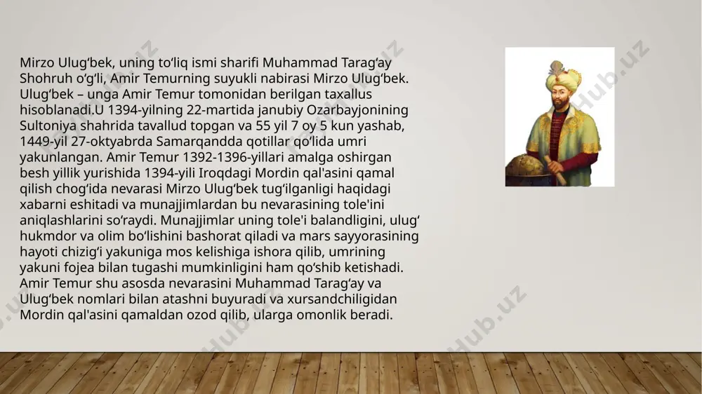 di, amir temur maqbarasi, shohi zinda ansambli qurilishlari nihoyasiga yetkazildi. mirzo ulugʻbek ilm-fan olamida buyuk astronom sifatida amalga oshirgan eng buyuk ishi “ziji jadidi koʻragoniy” deb nomlangan yulduzlar jadvali sanaladi. olimdan bizga 4 ta buyuk asari meros qolgan bo‘lib, “ziji jadidi koʻragoniy”, “bir daraja sinusini aniqlash haqida risola”, “risolayi ulugʻbek” va “tarixi arbaʼ ulus” (toʻrt ulus tarixi) asarlari shular jumlasidandir. mirzo ulugʻbekning davlat boshqaruvini ilmiy faoliyati bilan teng olib bora olmadi. oʻzining qisqa hukmronligi davrida oʻz kuch va hokimiyatini oʻrnata olmadi. natijada, uning nazoratsizligidan yaqin atrofidagilar foydalandi va suiqasd natijasida 1449-yil 27-oktyabr, samarqand shahrida o‘zining o‘g‘li abdullatif tomonidan oʻldirildi. o‘zbekiston respublikasi prezidentining “buyuq qomusiy olim va mashhur davlat arbobi mirzo ulug‘bek tavalludining 630 yilligini keng nishonlash to‘g‘risida” 2024-yil 12-sentabrdagi pq-323-sonli qarori qabul qilindi. mazkur qarorga ko‘ra, 2024-yilda samarqand shahrida mirzo ulug‘bek tavalludining 630 yilligi keng nishonlanishi, mirzo ulug‘bek nomi bilan bog‘liq mamlakatimizdagi obyektlar va yodgorlik majmualari ta’mirlanib, ularning hududlari obodonlashtirilishi, …