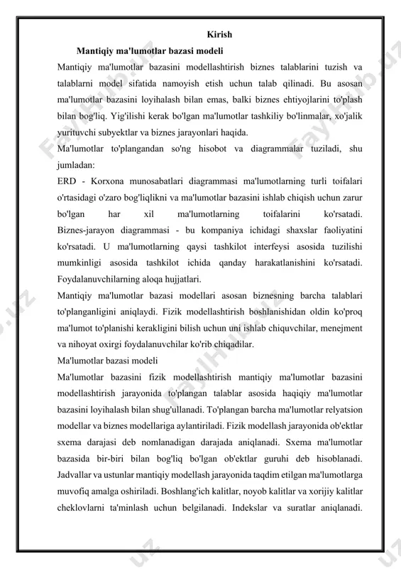 lovlarni ta'minlash uchun belgilanadi. indekslar va suratlar aniqlanadi. ma'lumotlar umumlashtirilishi mumkin va jadvallar yaratilgandan so'ng foydalanuvchilarga muqobil istiqbol taqdim etiladi. ma'lumotlar bazasini modellashtirish ushbu tashkilotda foydalaniladigan dasturiy ta'minotga bog'liq. bu o'ziga xos dasturiy ta'minot. fizik modellashtirish quyidagilarni o'z ichiga oladi: server model diagrammasi - bu jadvallar va ustunlar va ma'lumotlar bazasida mavjud bo'lgan turli xil munosabatlarni o'z ichiga oladi. ma'lumotlar bazasini loyihalash hujjatlari. foydalanuvchilarning aloqa hujjatlari. ma’lumotlar bazasini yaratishda, foydalanuvchi axborotlarni turli belgilar bo‘yicha tartiblashga va ixtiyoriy belgilar birikmasi bilan tanlanmani tez olishga intiladi. buni faqat ma’lumotlar tizilmalashtirilgan holda bajarish mumkin. t i z i l m a l a sh t i r i sh – bu ma’lumotlarni tasvirlash usullari haqidagi kelishuvni kiritishdir. agar ma’lumotlarni tasvirlash usuli haqida kelishuv bo‘lmasa, u holda ular tizilmalashtirilmagan deyiladi. tizilmalashtirilmagan ma’lumotlarga misol sifatida matn fayliga yozilgan ma’lumotlarni ko‘rsatish mumkin. ma’lumotlar bazasidan foydalanuvchilar turli amaliy dasturlar, dasturiy vositalari, predmet sohasidagi mutaxassislar bo‘lishi mumkin. ma’lumotlar …