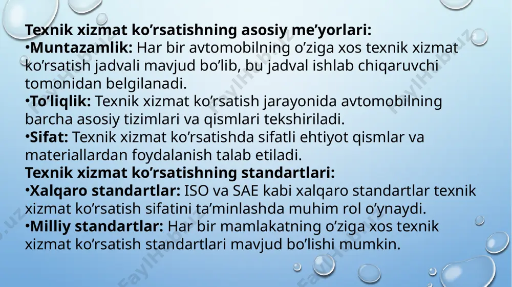 n ishlab chiqaruvchi tomonidan belgilangan muddatlarda amalga oshiriladigan texnik xizmat. favqulodda texnik xizmat: avtomobilning nosozligi yoki boshqa muammolari sababli zarurat tug’ilganda amalga oshiriladigan texnik xizmat. servis kitobchasida ko’rsatilgan ma’lumotlar: avtomobilning modeli, ishlab chiqarilgan yili, vin raqami kabi asosiy ma’lumotlar. bajarilgan texnik xizmat ko’rsatish ishlari, almashtirilgan ehtiyot qismlar va sarflangan materiallar haqida to’liq ma’lumot. servis kitobchasini to’ldirish tartibi: har bir texnik xizmat ko’rsatishdan so’ng, bajarilgan ishlar haqida yozuvlar qilinadi va imzolanadi. servis kitobchasi avtomobil egasi va texnik xizmat ko’rsatish markazi tomonidan birgalikda saqlanadi. muntazam texnik xizmat (mtx): muntazam texnik xizmat avtomobilning ish faoliyatini doimiy ravishda saqlab turish uchun zarur bo’lgan texnik xizmat turi hisoblanadi. mtx avtomobilning ishlab chiqaruvchi tomonidan belgilangan muddatlarda amalga oshiriladi va quyidagi ishlarni o’z ichiga oladi: motor moyi va filtrlarini almashtirish. tormoz tizimini tekshirish va kerak bo’lsa, tormoz balatalarini almashtirish. elektr tizimini diagnostika qilish va batareyani tekshirish. shinalarning holatini va bosimini tekshirish. yoritish tizimini va signal moslamalarini tekshirish. …