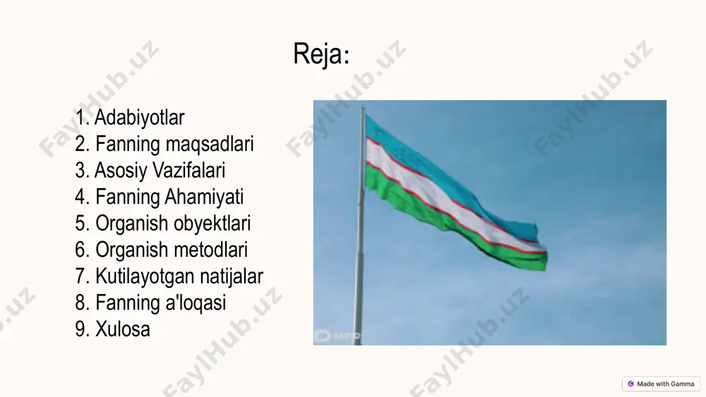 ning eng yangi tarixini chuqur bilish. mustaqil fikr mustaqil fikrlash va tahlil qilish qobiliyatini rivojlantirish. baho bera olish tarixiy voqealarga baho bera olish. 9 fanning aloqasi siyosat 1 iqtisod 2 sotsiologiya 3 madaniyat 4 10 xulosa "o'zbekistonning eng yangi tarixi" fani mamlakatimizning rivojlanishini tushunish uchun muhim. ushbu fanni o'rganish yosh avlodni vatanparvarlik ruhida tarbiyalashga yordam beradi. 11 image1.png image2.png image3.jpg image4.png image5.png image6.png image7.png image8.png image9.png image10.png image11.png image12.png image13.png image14.png image15.png image16.png image17.png image18.png image19.png image20.png