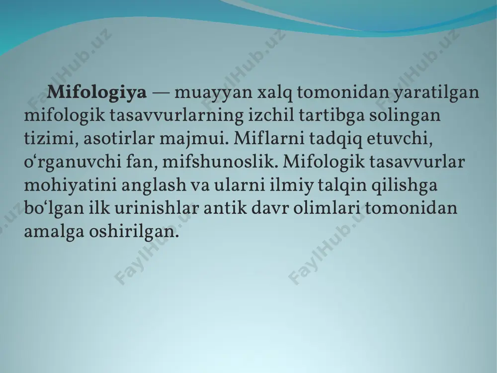 davri — mil. av. iv–i-asrlar); 4) soʻnggi yunon davri (mil. i–iv asrlar). rim shoiri virgil rim shoiri virgil bu erda beshinchi asr qo'lyozmasi-da tasvirlangan vergilius romanus, uning ko'plab asarlarida yunon mifologi-yasining tafsilotlari saqla-nib qolgan. fedra fedra xizmatchisi bilan, ehtimol uning hamshirasi, freskasi pompei, v. 60 - v. miloddan avvalgi 20 yil axilles va pentezileiya axilles va pente-zileiya exekias tomonidan, v. miloddan avvalgi 540 yil, britaniya muzeyi, london e’tiboringiz uchun rahmat image1.png image2.png image3.png image4.png image5.jpeg image6.jpeg image7.jpeg image8.jpeg image9.jpeg image10.jpeg image11.jpeg image12.jpeg