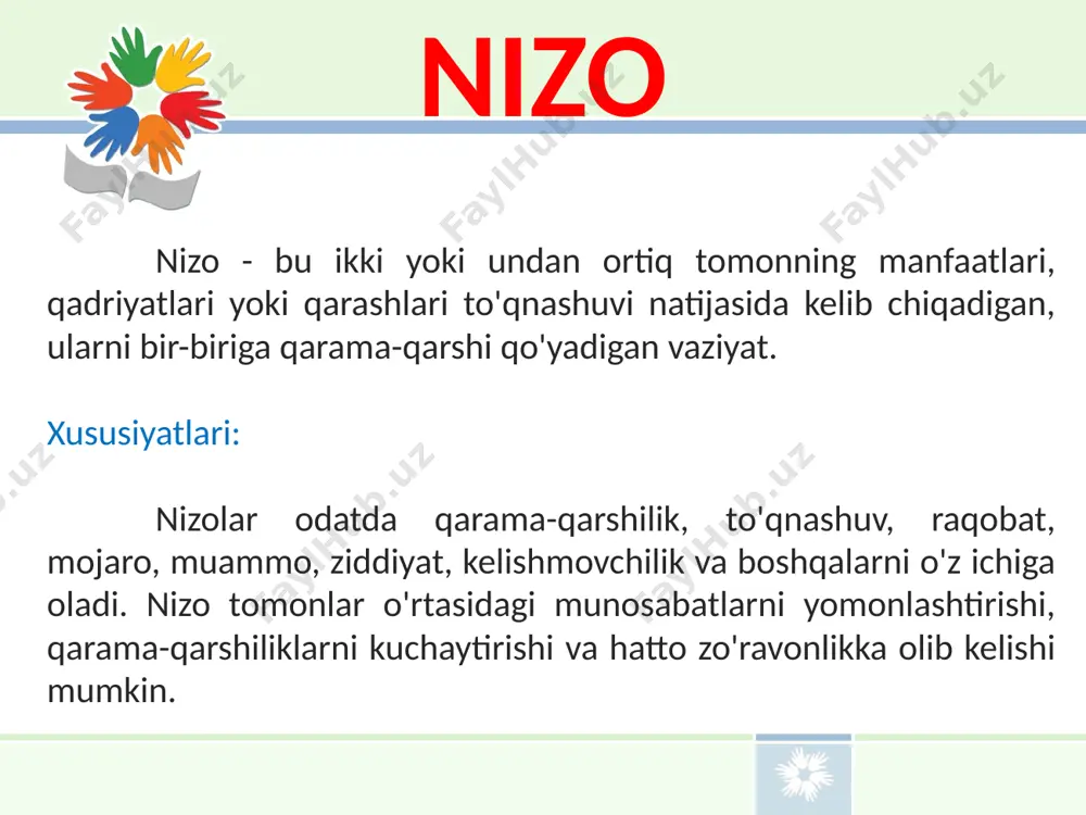 nizolarni jamiyatning normal ishlashi uchun zarur deb hisoblaydi. nizolar o'zgarishlarni, yangilanishni va jamiyatning rivojlanishini rag'batlantiradi. konflikt konflikt nazariyasi nizolarni jamiyatdagi kuch va resurslar uchun kurash sifatida ko'radi. guruhning qarama-qarshi manfaatlari va qadriyatlari doimo to'qnashuvga olib keladi. ijtimoiy almashuv ijtimoiy almashuv nazariyasi nizolarni tomonlar o'rtasidagi o'zaro foyda va xarajatlarni hisobga olib, ularning qarorlarini o'zgartirishga urinish sifatida talqin qiladi. 5 nizo paydo bo'lishining sabablari nizo paydo bo'lishining ko'plab sabablari mavjud bo'lib, ular quyidagilarni o'z ichiga oladi: manfa'atlar to'qnashuvi: turli shaxslar yoki guruhlarning manfaatlari bir-biriga zid bo'lganda, nizo kelib chiqishi mumkin. masalan, mehnat va ish beruvchi o'rtasida ish haqi yoki ish sharoitlari bo'yicha kelishmovchilik bo'lishi mumkin. qarashlar farqi: shaxslarning dunyoqarashi, qadriyatlari va e'tiqodlari farqli bo'lganda nizo paydo bo'lishi mumkin. masalan, siyosiy partiyalar o'rtasidagi siyosiy kelishmovchiliklar qarashlar farqi tufayli kelib chiqishi mumkin. resurslarning cheklanganligi: resurslar, masalan, pul, vaqt yoki quvvat cheklangan bo'lganda, ularni qanday taqsimlash bo'yicha nizo kelib chiqishi mumkin. masalan, ikkita mahalla o'rtasida …
