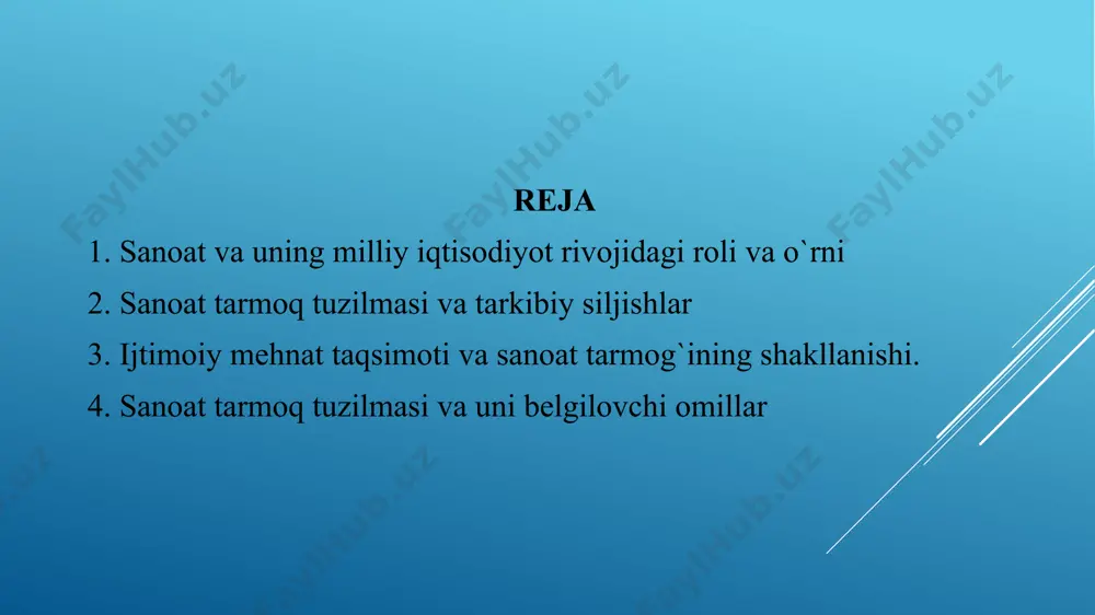 natni texnika bilan qurollantirishi va uning unumdorligini yuqori darajaga ko`tarishi mumkin. sanoat va ayniqsa, uning eng muhim sohasi bo`lgan og`ir sanoat mamlakatda kengaytirilgan takror ishlab chiqarishninig asosi hisoblanadi. u moddiy texnika vositalarini o`zi va boshqa tarmoqlar uchun takror ishlab chiqarish bilan bir vaqtda jamiyat a`zolari o`rtasidagi ijtimoiy ishlab chiqarish munosabatlarini takomillashtirib boradi. sanoat qishloq xo`jaligi ishlab chiqarishini qayta qurishning negizi hisoblanadi. uni yangi texnika bilan ta`minlash orqali sanoat dehqon xo`jaligini iqtisodiy va madaniy jihatdan yuqori darajaga ko`tarishga, shahar bilan qishloq o`rtasidagi muhim tafovutni yo`qotishga, dehqon mehnatini industrial mehnatga aylantirishga yordam beradi. sanoat mamlakat mudofaa qobiliyatinining moddiy manbai, dunyoda tinchlikni saqlashning muhim omili, mamlakatlar mustaqilligini va birdamligini ta`minlovchi muhim sohadir. o`zbekiston davlatining mudofaa qobiliyatini yanada mustahkamlashda sanoatning roli muhimdir. barcha mamlakatlarning siyosiy, iqtisodiy va tashkiliy intilishlari, ularning xo`jalik jihatdan hamkorligi sanoat sohasida ham o`z ifodasini topadi. davlatlar­ning tabiiy, mehnat resurslaridan, ilm-fan va texnikaning barcha yutuqlaridan foydalanish imkoniyatlarining kengayishida sanoatning ahamiyati salmoqlidir. …
