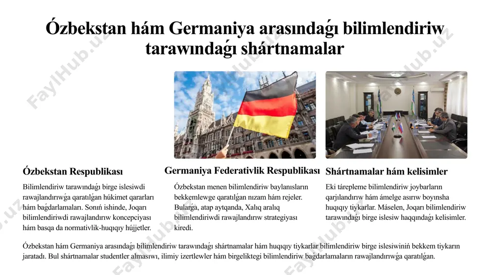 iwi rawajlanadı. ilimiy konferenciyalarda qatnasıw hám birgelikte ilimiy maqalalar basıp shıǵarıw. universitetler arasında óz-ara memorandumlarǵa qol qoyıw hám jańa joybarlardı ámelge asırıw. studentler almasıwı baǵdarlamaları eki mámleket arasındaǵı bilimlendiriw birge islesiwiniń áhmiyetli bólegi bolıp esaplanadı. bul baǵdarlamalar studentlerge jańa mádeniy ortalıqta oqıw, óz tarawları boyınsha bilimlerin keńeytiw hám xalıqaralıq baylanıslardı ornatıw imkaniyatın beredi. bul tek ǵana studentlerdiń jeke rawajlanıwına járdem berip qoymastan, al eki mámleket arasındaǵı doslıq hám birge islesiw baylanısların bekkemleydi. sonday-aq, studentler almasıw baǵdarlamaları arqalı ózbekstan hám germaniya universitetleri arasında ilimiy hám bilimlendiriw joybarları ámelge asırıladı. 4 birgeliktegi izertlewler: ilim tarawındaǵı birge islesiw ózbekstanlı ilimpazlar ushın germaniyanıń aldınǵı universitetleri hám ilimiy orayları menen birgelikte izertlewler alıp barıw imkaniyatı. evropa grantlarında qatnasıw hám óz joybarların qarjılandırıw. xalıqaralıq konferenciyalarda qatnasıw hám tájiriybe almasıw. germaniyalı ilimpazlar ushın ózbekstannıń siyrek ushırasatuģın tábiyiy resursları hám tariyxıy miyrasın úyreniw. shıǵıs evropa hám oraylıq aziya regionı boyınsha ekspertiza arttırıw. ózbekstanlı kásiplesler menen birgelikte jańa ilimiy …