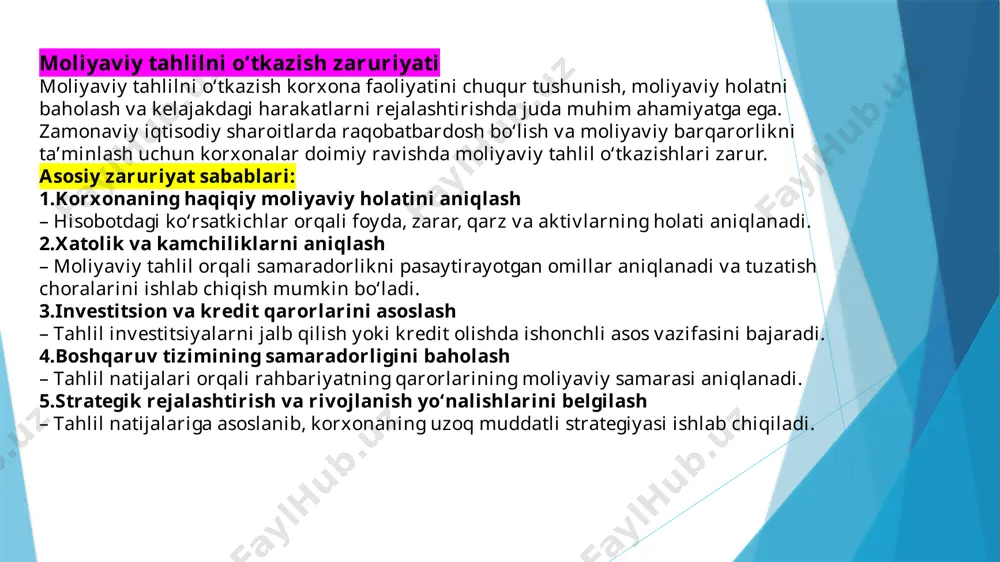 dlik darajasi past bo‘lsa, yangi qarz olishdan saqlanish tavsiya etiladi. ✅ qaror: kredit olish yoki mavjud qarzlarni to‘lash jadvalini o‘zgartirish. 3. xarajatlarni boshqarish moliyaviy tahlil xarajatlar tarkibini ochib beradi. qaysi sohalarda ortiqcha yoki samarasiz xarajatlar borligi aniqlanadi. ✅ qaror: tejamkorlik siyosatini yuritish yoki ortiqcha sarflarni qisqartirish. 4. foyda va rentabellikni oshirish strategiyasi tahlil natijalari foydalilik darajasini ko‘rsatadi va daromadni oshirish yo‘llarini aniqlashga yordam beradi. ✅ qaror: narx siyosatini qayta ko‘rib chiqish, ishlab chiqarishni modernizatsiya qilish. 5. boshqaruv samaradorligini oshirish moliyaviy tahlil orqali menejerlar faoliyatining samarasi baholanadi va zarur o‘zgarishlar kiritiladi. ✅ qaror: yangi boshqaruv uslublarini joriy qilish yoki tarkibiy tuzilmani optimallashtirish. tahlilning ichki va tashqi foydalanuvchilar uchun ahamiyati moliyaviy tahlil natijalari turli manfaatdor tomonlar — ichki va tashqi foydalanuvchilar uchun muhim axborot manbai hisoblanadi. har bir guruh tahlil ma'lumotlaridan o‘z maqsadlariga muvofiq foydalanadi. 🏢 1. ichki foydalanuvchilar ichki foydalanuvchilar — bu korxona ichida ishlaydigan va qaror qabul qiladigan shaxslar yoki …