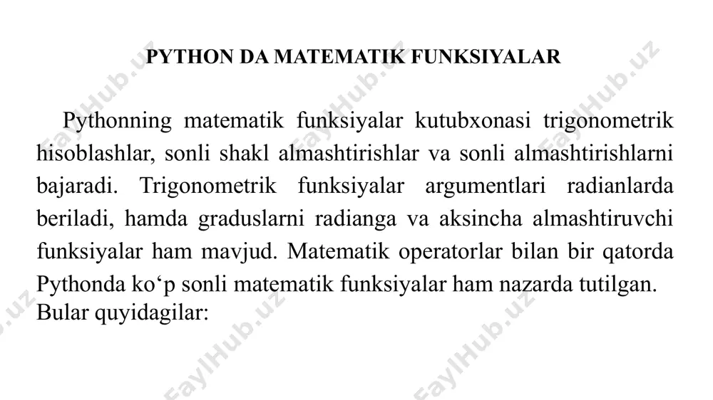 ymatlari va shu kabilar) sifatida talqin qilinadi. bul (boolean) tipi - mantiqiy ifoda bo‘lib, uning qiymati faqat rost (true) yoki yolg‘on (false) dan iborat. kompleks (complex) tipi – sonning birinchi argument sifatida haqiqiy qism, ikkinchi argument sifatida mavhum qism uzatiladi. massiv (array) – bir nechta qiymatlarning tartiblashtirilgan xaritasi bo‘lib, undagi kalitlar qiymatlarga mos keladi. kalitlar – bu indeks nomerlari (ular so‘zsiz tushuniladi) yoki aniq ko‘rsatilgan nishonlar. ob’ekt – bu berilganlarning xossalarini saqlovchi va berilganlarni qayta ishlash metodlaridan iborat bo‘lgan sinf. resurs – tashqi resursga havola bo‘lib, ular maxsus funksiyalar tomonidan yaratiladi va saqlanadi. null – qiymatga ega bo‘lmagan o‘zgaruvchi. bu o‘zgaruvchi, shakllantirilmagan bo‘ladi (unga hech bir qiymat berilmagan bo‘ladi), agar unga null o‘zgarmasi ta’minlangan bo‘lsa yoki unset() funksiyasi yordamida bekor qilinmagan bo‘lsa. e’tiboringiz uchun rahmat! image1.png image2.jpeg image3.png image4.png image5.png image6.png image7.png image8.png image9.png image10.png image11.png image12.png image13.png image14.png image15.png image16.png image17.png image18.png image19.png image20.png image21.png image22.png image23.png image24.png image25.png …