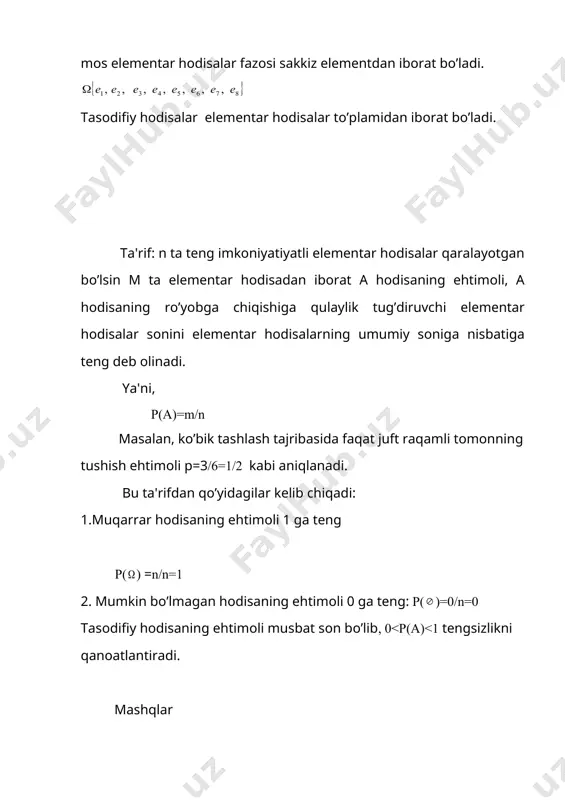 ’qish mumkinligi ehtimolini toping? 5 . 6 ta bir hil kartochkaning har biriga qo’ydagi harflardan biri yozilgan. a,t,m,r,s,o. kartochkalar yaxshilab aralashtirilgan. bittalab olingan va “bir qator qilib” terilgan to’rtta kartochkada “tros”so’zini o’qish mumkinligi ehtimolini toping? ichki akslanishlar soni аdаbiyotlаr 1. r. n. nаzаrоv, е.t. tоshpo’lаtоv, а. d. dusumbеtоv «аlgеbrа vа sоnlаr nаzаriyasi» i-qism «o’qituvchi». 1993 y. 2. d.k. fаdyеv, i. s. sominskiy «сборник задач по высшей алгебре». mоskvа 1977. 3. а.u. umirbеkоv, sh.sh. shааbzаlоv «mаtеmаtikаni tаkrоrlаsh». «o’qituvchi» 1989y. 4. b. аbdаlimоv, sh. sаliхоv «оliy mаtеmаtikа qisqа kursi» «o’qituvchi» 1981 y. 5. х.х. nаzаrоv, х. о. оchilоvа, е. g. pоdgоrnоvа «gеоmеtriyadаn mаsаlаlаr to’plаmi» i-qism «o’qituvchi» 1983.y 6. а.а. rivkin, а.z. rivkin, а. s. хrеnоv «спровочник по математике» mоskvа 1975 y. 7. е.s. lyapin, а. е. еvsyеyеv «алгебра и теория чисел » mоskvа 1974 y 8. r. i. iskаndаrоv, r. nаzаrоv «аlgеbrа vа sоnlаr nаzаriyasi» «o’qituvchi» 1977 y. 9. sh. i. tоjiеv …