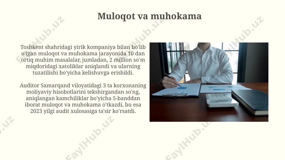 o'tkazilgan audit tekshiruvi natijalariga ko'ra, xavflarni baholash va boshqarish tizimining 30% samaradorligi pastligi aniqlandi, bu esa moliyaviy yo'qotishlarga olib kelishi mumkin. moliyaviy ko'rsatkichlarni tahlil qilish farg'ona viloyatidagi 5 ta korxona bo'yicha o'tkazilgan tahlilda, rentabellik koeffitsiyenti o'rtacha 15% ni tashkil etdi, bu esa soha o'rtacha ko'rsatkichidan 5% ga yuqori. 2022-yil toshkent shahridagi "o'zbekiston" bankining moliyaviy ko'rsatkichlarini tahlil qilishda, aktivlarning 30% dan ortig'i qisqa muddatli kreditlarga to'g'ri kelganligi aniqlandi. axloqiy standartlarga rioya qilish samarqanddagi 3 ta yirik korxonada o'tkazilgan ichki auditlar natijasida, axloqiy standartlar buzilishi 10% dan ortiq bo'lmagan hollarda, davlat byudjetiga 2 million so'm miqdorida qo'shimcha daromad keltirilganligi aniqlandi. xalqaro moliyaviy hisobot standartlari (xms)ga muvofiq, 5-bandda aniq ko'rsatilganidek, axloqiy standartlarga rioya qilish, audit hisobotlarining ishonchliligi va ob'ektivligini ta'minlash uchun muhim ahamiyatga egadir. e'tiboringiz uchun rahmat @taqdimot_robot image2.jpg image3.jpg image4.jpg image5.jpg image6.jpg image7.jpg image8.jpg image9.jpg image10.jpg image11.jpg image12.jpg image13.jpg image14.jpg image15.jpg image16.jpg image17.jpg image18.jpg