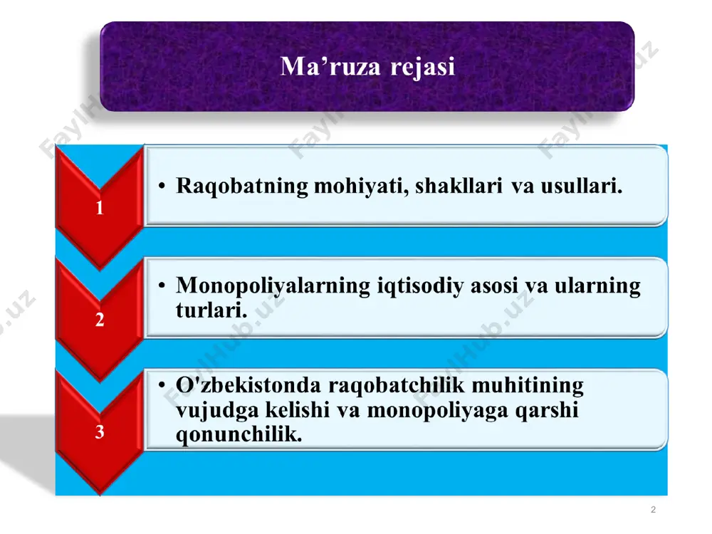 lat. patent tizimi muallif-lik huquqi tovar belgilari ularning hatti - harakatlari sun'iy monopoliyalar monopol foyda olish maqsadida tashkil etiluvchi birlashmalarning shartli nomi. sun'iy monopoliyalarning namoyon bo'lish shakllari sun'iy monopoliyalarning namoyon bo'lish shakllari monopoliyalarning ijobiy tomoni ijobiy tomonlar u ma'lum tarmoqlarda nisbatan samarali amal qiladi va xarajatlarning tejalishiga olib keladi monopolist bo'lmagan, mayda, raqobatlashuvchi soha korxonalariga nisbatan monopolistik korxonalarda ishlab chiqarishga ilmiy-texnika taraqqiyoti юtuqlarini joriy etish uchun ko'proq raғbat va imkoniyat mavjud bo'ladi. monopoliyalarning salbiy tomonlari resurslarning oqilona taqsimlanmasligi daromadlardagi tengsizlikning kuchayishi iqtisodiy turғunlik va fan-texnika taraqqiyotining sekinlashuvi. iqtisodiyotda demokratik harakatlarning to'sib qo'yilishi 3. o'zbekistonda raqobatchilik muhitining vujudga kelishi va monopoliyaga qarshi qonunchilik. o'zbekistonda samarali raqobat muhitini yaratish uchun ko'riladigan chora-tadbirlar o'zbekistonda «monopol faoliyatni cheklash to'ғrisida»gi qonun (1992 yil, avgust) man etiladi