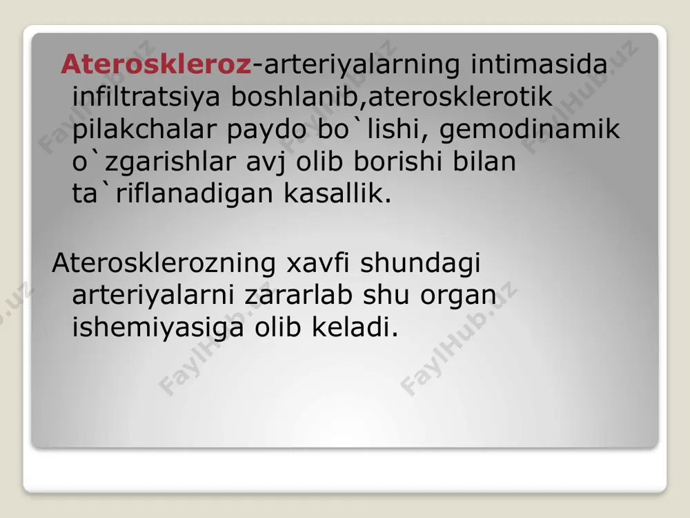 imning oshishi -muskul va elastik tolalardan iborat asosning zaifligi garmonal fonning o`zgarishi(progesteron) nasliy moyillik kardiomiyopatiyalar o`sma yoki ishemik jarayon natijasida kelib chiqmagan yurak mushagining birlamchi zararlanishidir. kardiomiyopatiyaning 3 turi farqlanadi. 1.gipertrofik(konsentrik gipertrofiya) 2.restriktiv(chandiqlanish) 3.dilyatatsion(eksentrik gipertrofiya) restriktiv kardiomiyopatiyalar- mushak to`qima fibroz to`qima bilan almashinishi natijasida yuzaga keladi.yurak mushaklari qattiqlashganligi sababli diastola vaqtida yetarlicha kengaya olmaydi,natijada sistala vaqtida yetarlicha qon bilan to`lmaydi.natijada organga yetarli qon yetib bormaydi. sabablari:ideopatik,ameloidoz,nurlanishlar,tug`ma metabolik buzilishlar,gemoxromatoz diastolik yurak yetishmovchiligi belgilari o`pka dimlanishi portal gipertenziyaga olib kelishi mumkin ekg-qrs amplitudasini pasayishi rentgenda-yurak o`lchamlari o`zgarmagan exokardiografiya-qorincha qalinligi ortgan,biaterial kattalashi aniqlanishi mumkin. yurak haydash fraksiyasi normada bo`ladi dilyatatsion krdiomiyopatya yurak to`rttala kamerasi kengayishi bilan namayon bo`ladi.natijada mushaklar qisqarish kuchi kamayadi.sistolik yurak yetishmovchiligi rivojlanadi.aritmiyalar,mitral regurgitatsiya,sistolik shovqin hosil bo`lishi bilan namayon bo`ladi. sabab:genetik kasalliklar,infeksion kasalliklar,alkogolizm,kakoin,homiladorlik 3-trimestri(aqb yuqori bo`lsa) gipertrofik (obstruktiv)kardiomiyopatiya-yurak devori mushaklari qalinlashihi bilan kechadi(asosan chap qorincha yoki qorinchalar aro to`siq) yurak qisqarish hajmi kamayadi.yurak yetishmovchiligiga olib keladi. yurak mushaklarini kattalashib ketishi kislarodga …